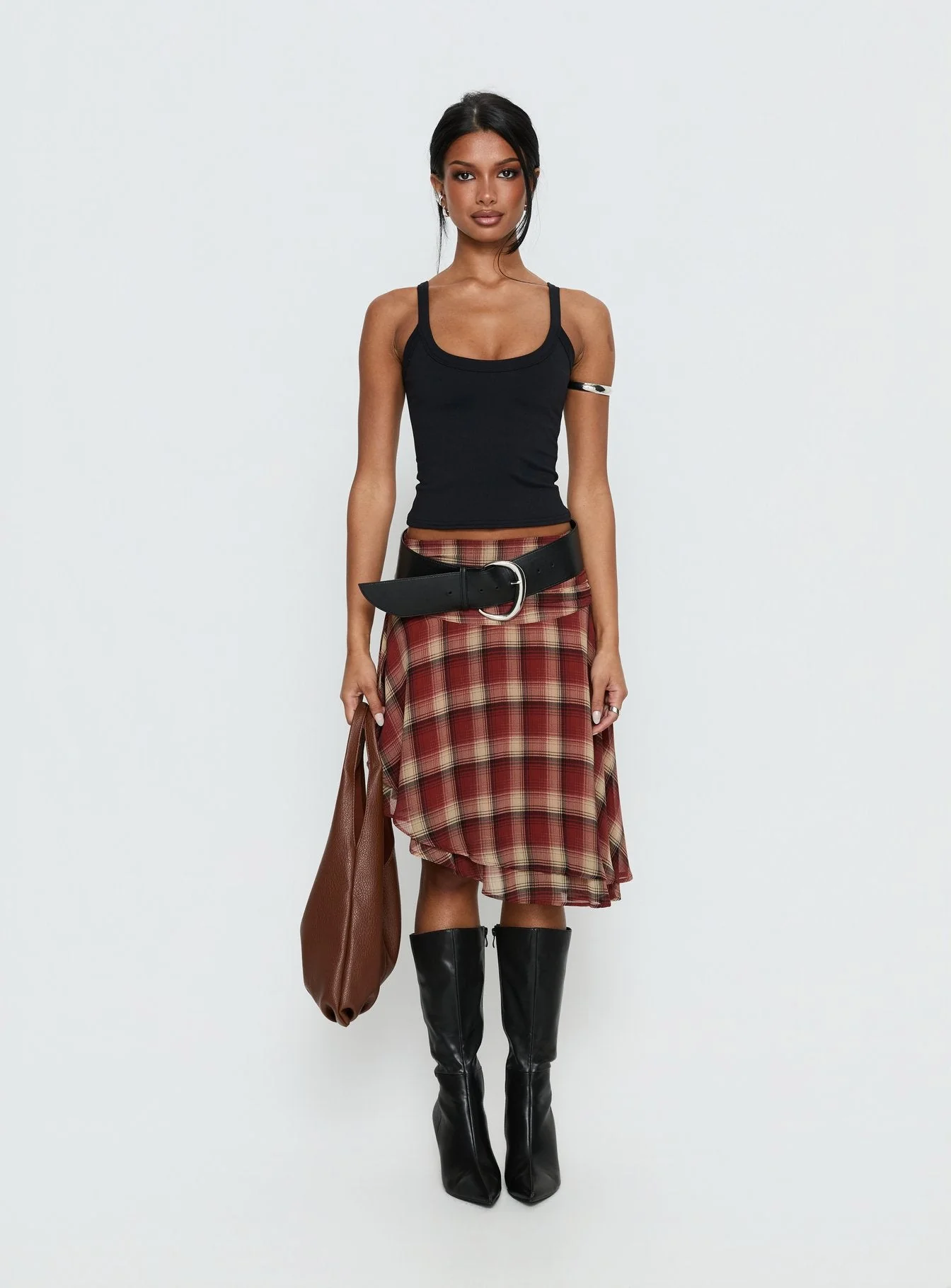 Evanescence Asymmetrical Midi Skirt Brown Check - Image 9