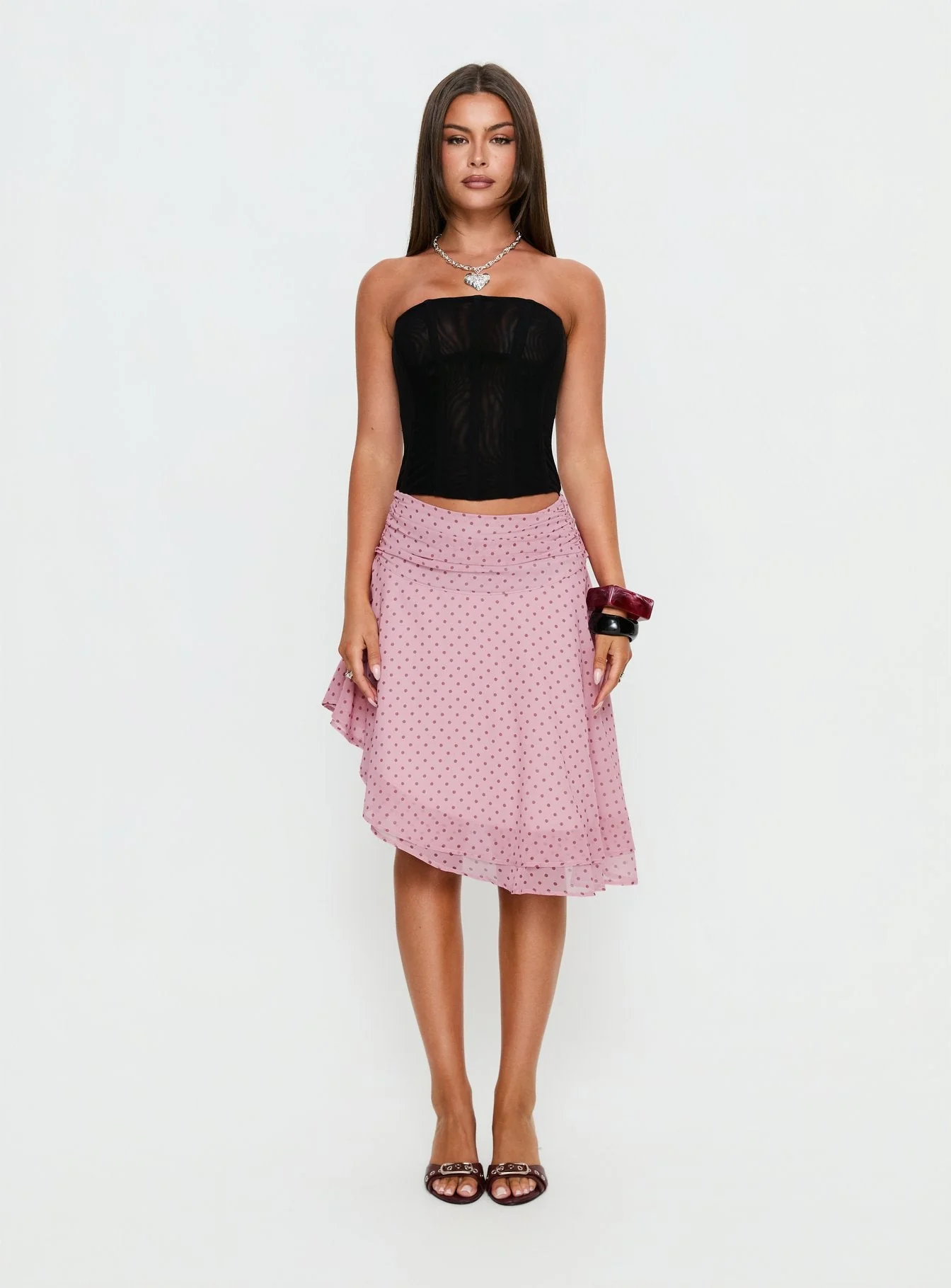 Evanescence Asymmetrical Midi Skirt Pink Polka Dot - Image 7