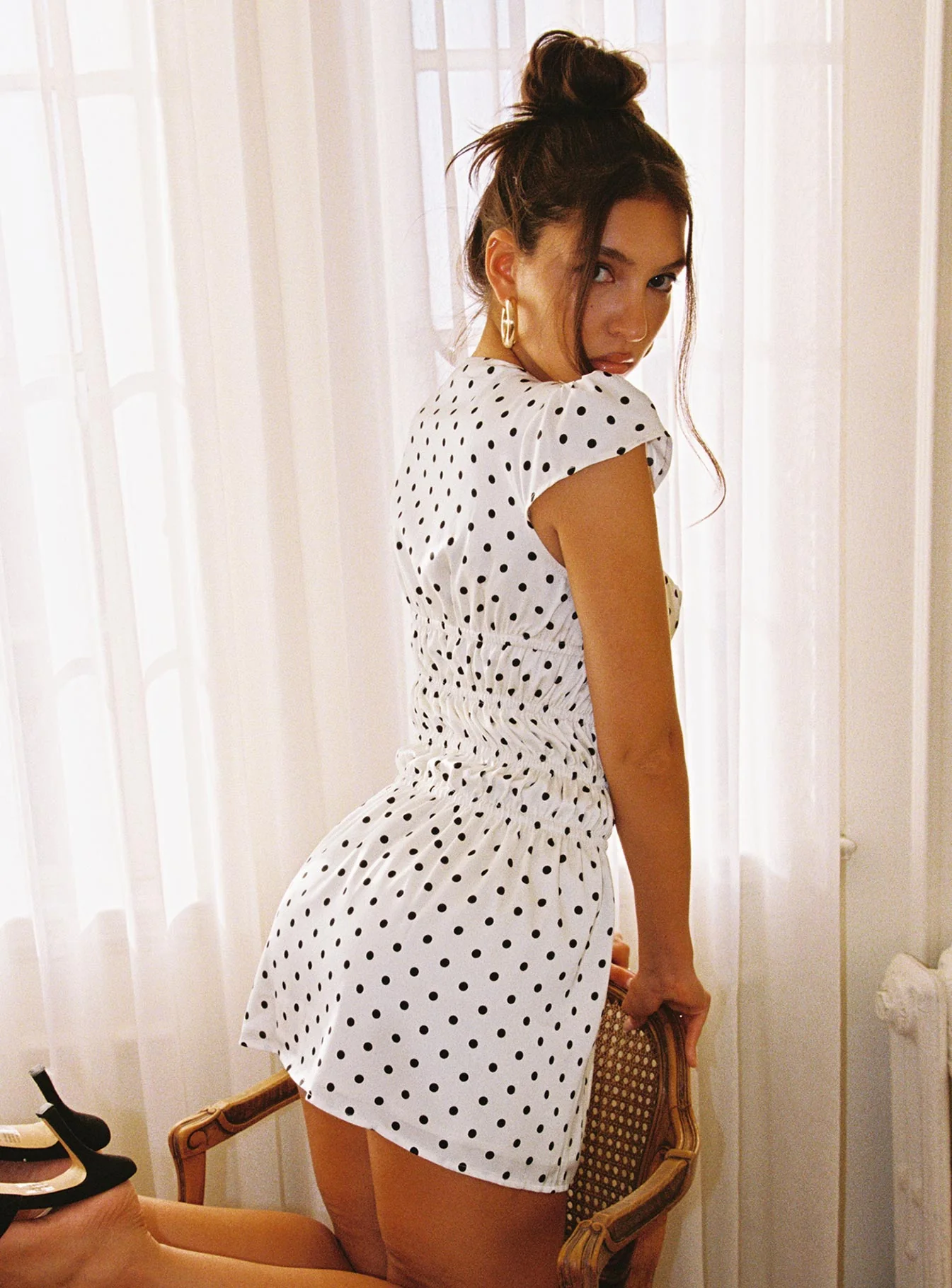 Evangelie Ruched Mini Dress White Polka - Image 4