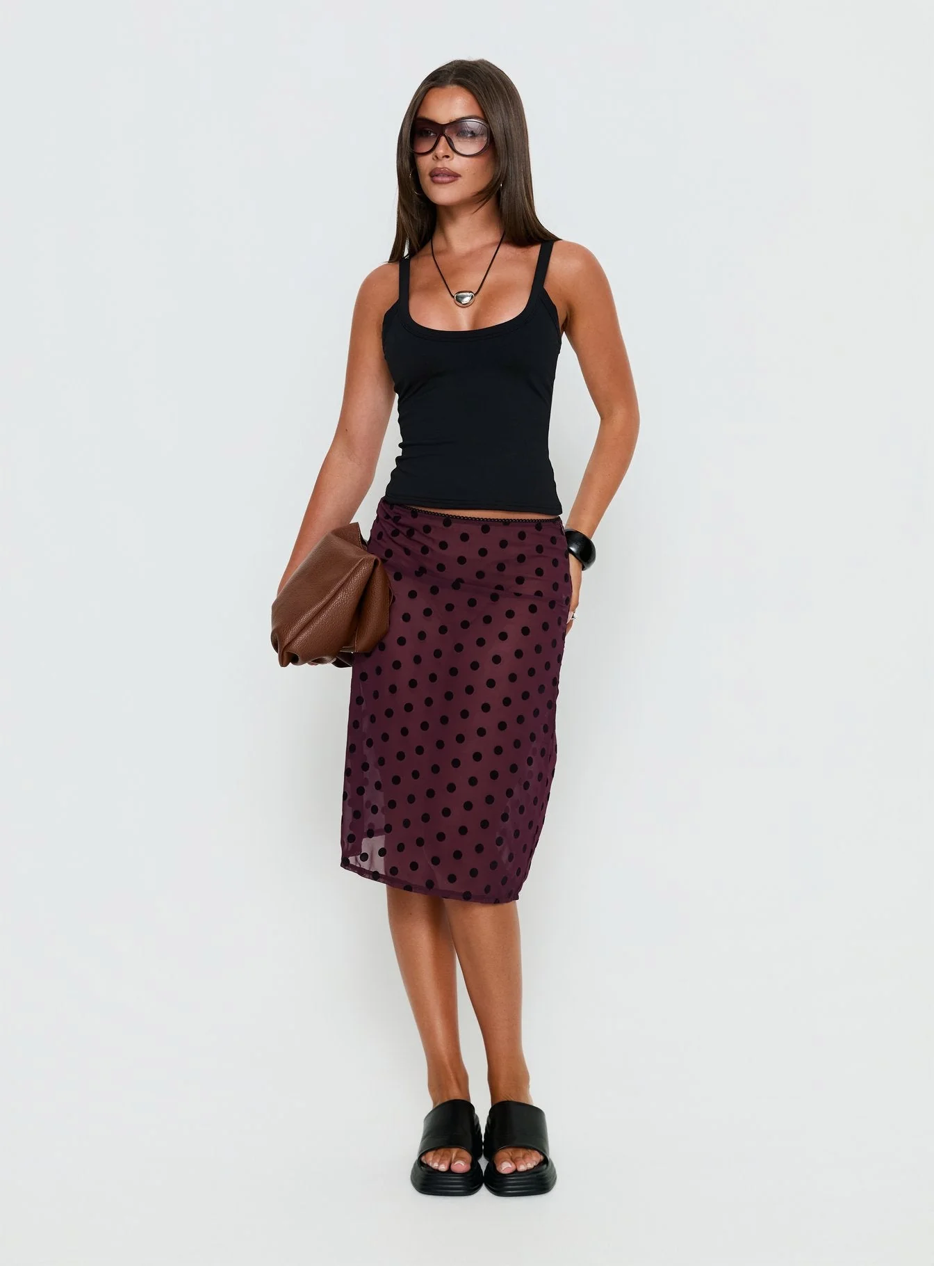 Evani Sheer Chiffon Midi Skirt Polka Maroon - Image 3