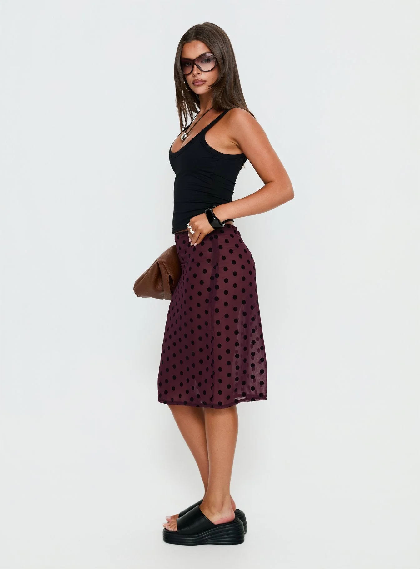 Evani Sheer Chiffon Midi Skirt Polka Maroon - Image 4