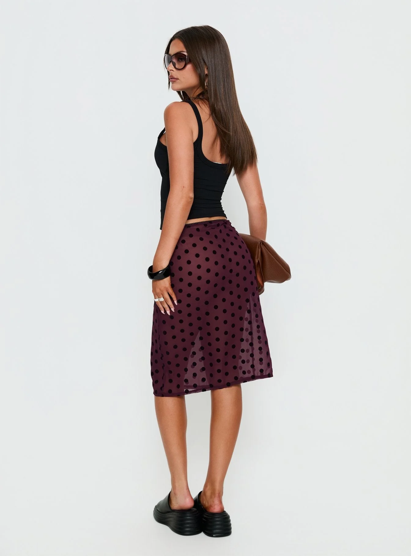 Evani Sheer Chiffon Midi Skirt Polka Maroon - Image 5