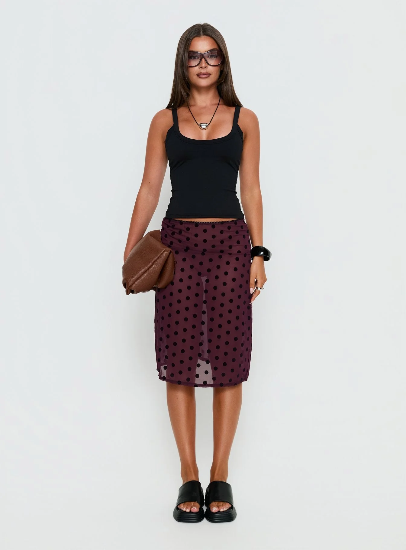 Evani Sheer Chiffon Midi Skirt Polka Maroon - Image 7