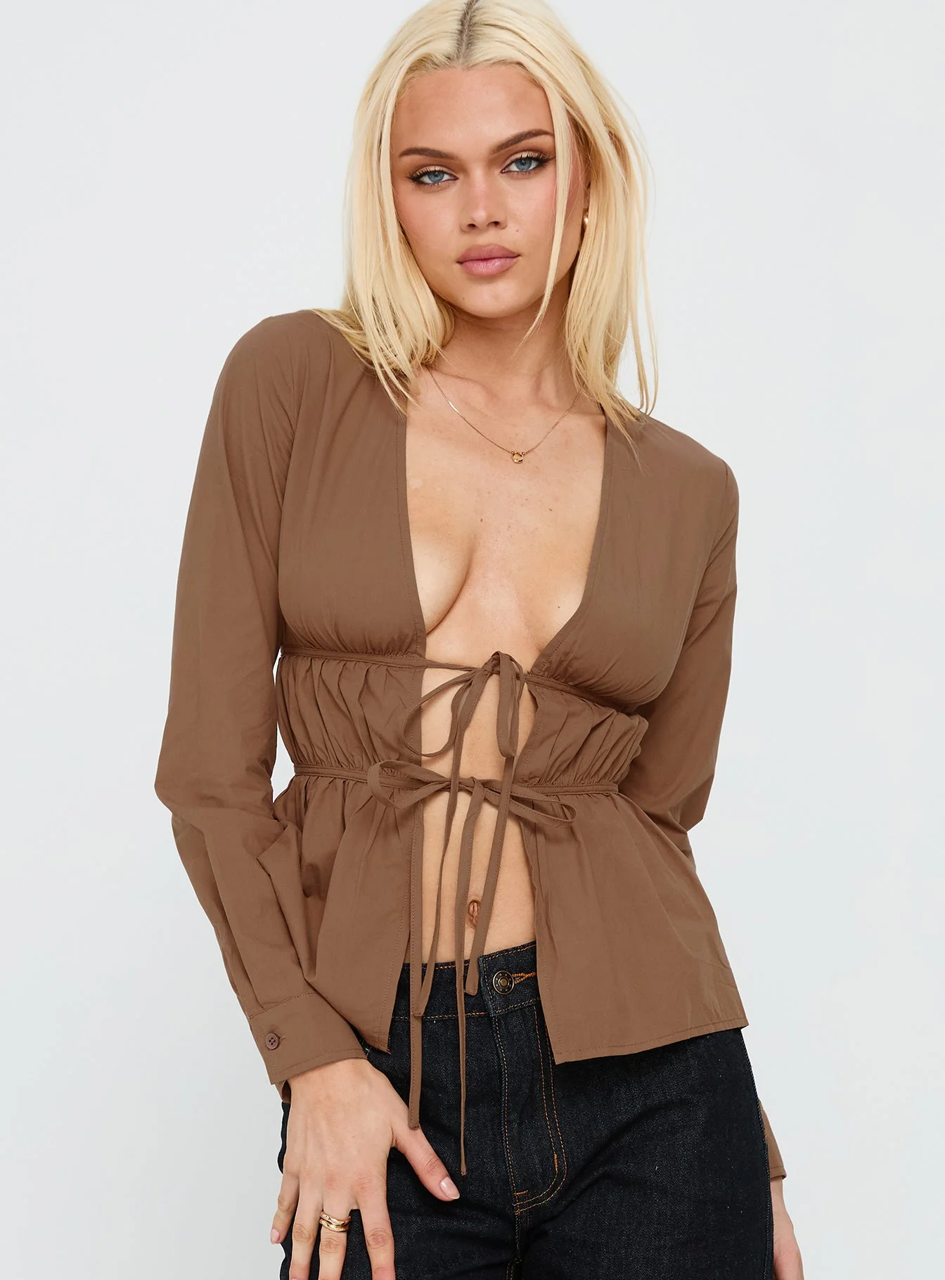 Every Page Long Sleeve Tie Detail Top Brown - Image 2