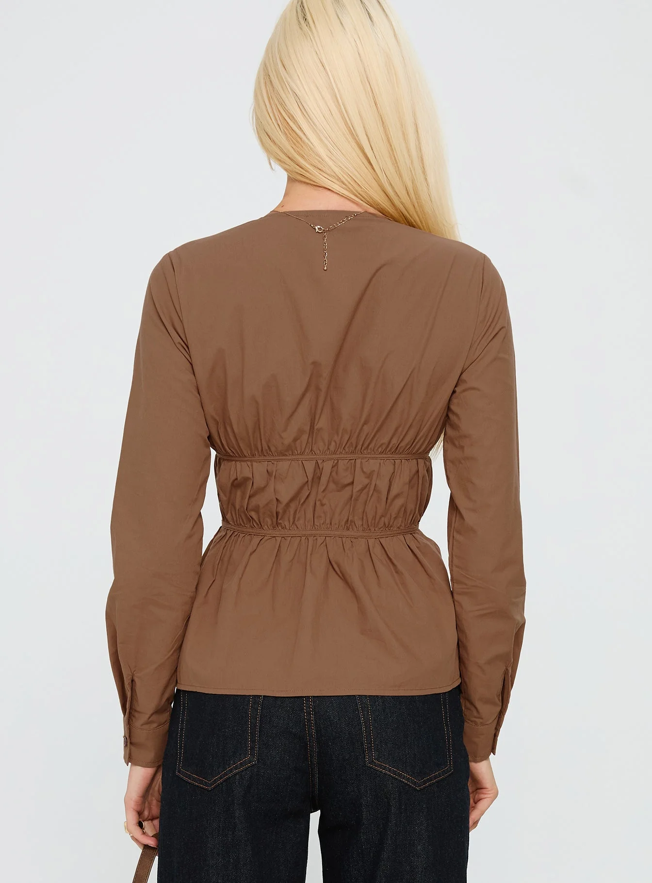 Every Page Long Sleeve Tie Detail Top Brown - Image 5