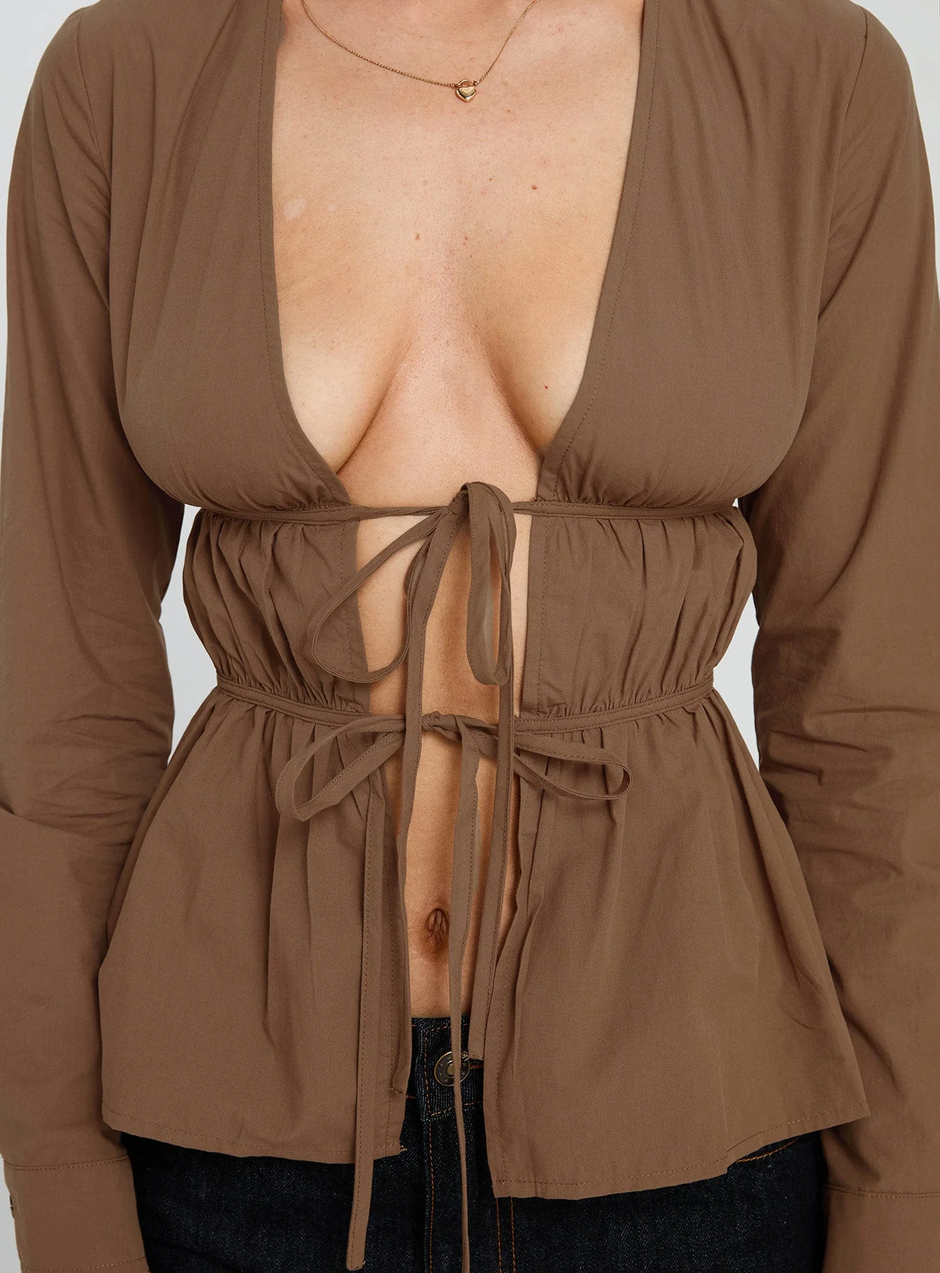 Every Page Long Sleeve Tie Detail Top Brown - Image 6