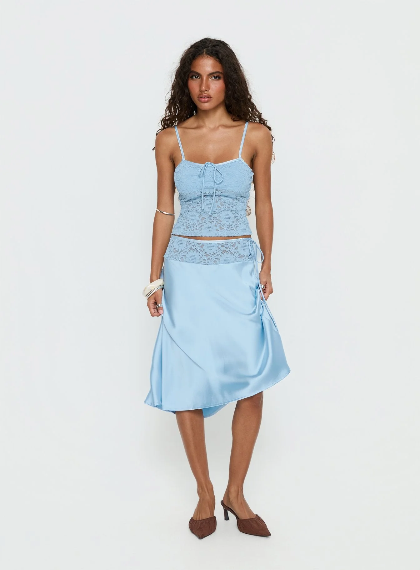 Evlin Lace Detail Satin Midi Skirt Blue - Image 2