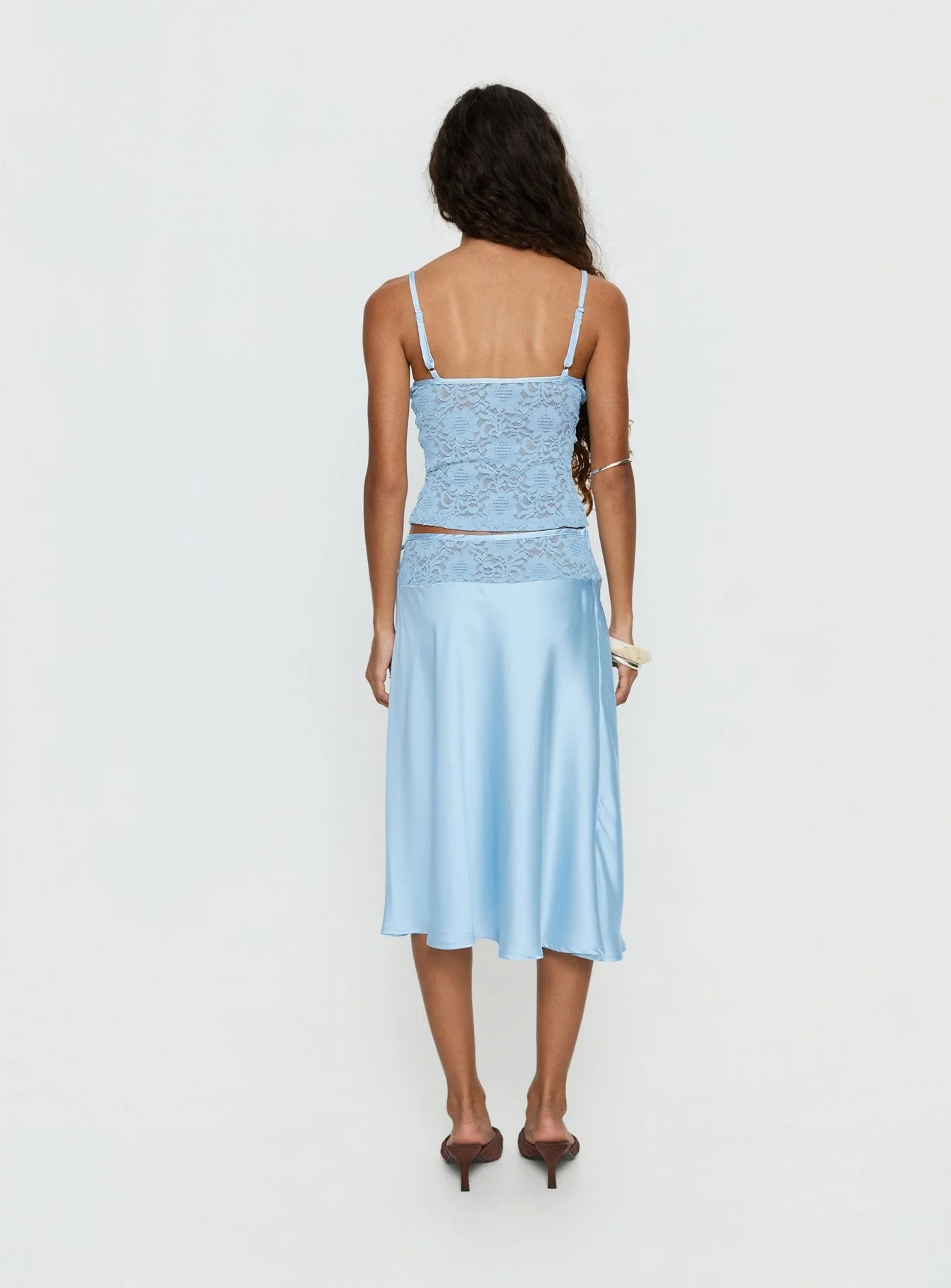 Evlin Lace Detail Satin Midi Skirt Blue - Image 5