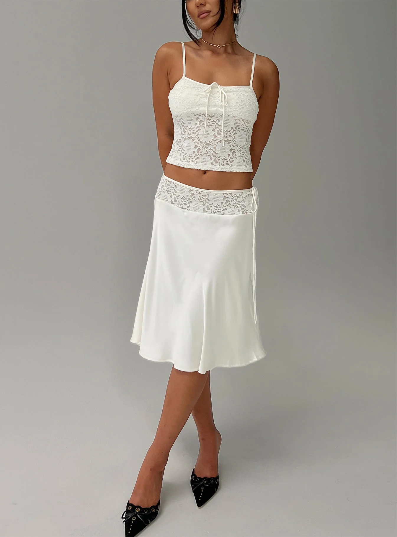 Evlin Lace Detail Satin Midi Skirt Cream