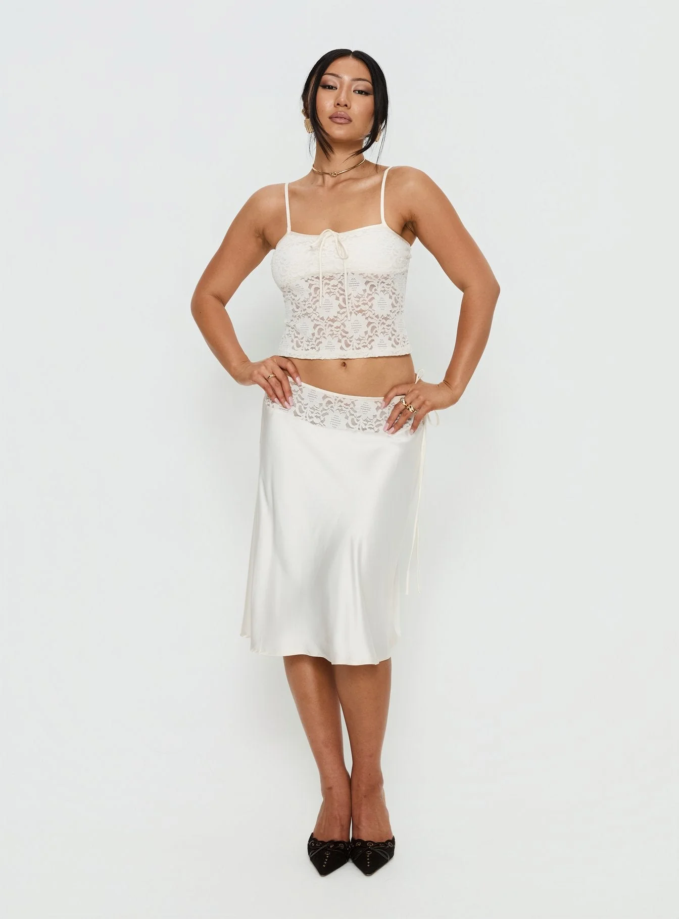 Evlin Lace Detail Satin Midi Skirt Cream - Image 3