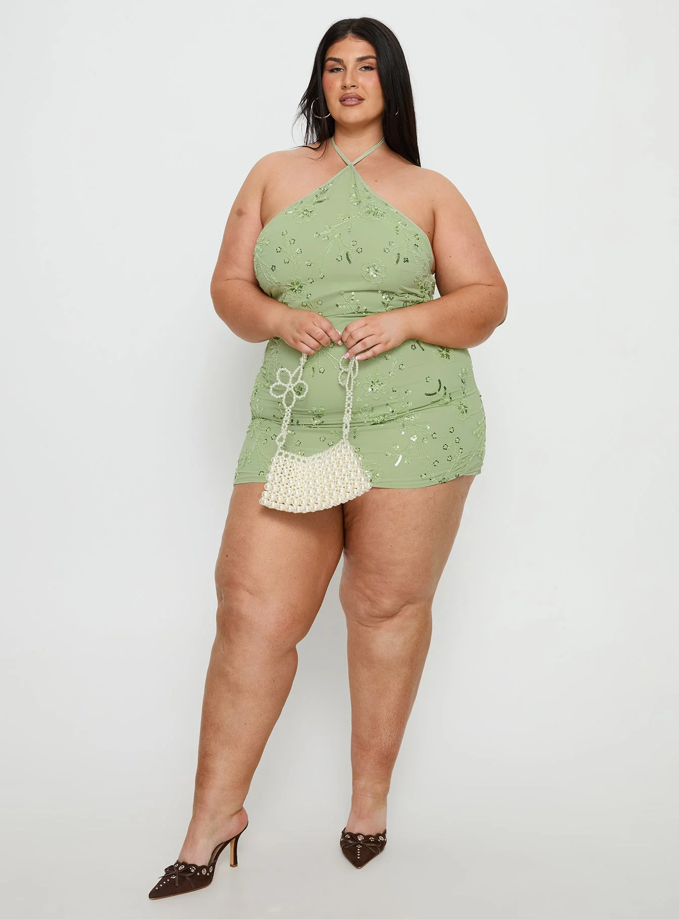 Evolet Embellished Halter Mini Dress Green Curve - Image 3