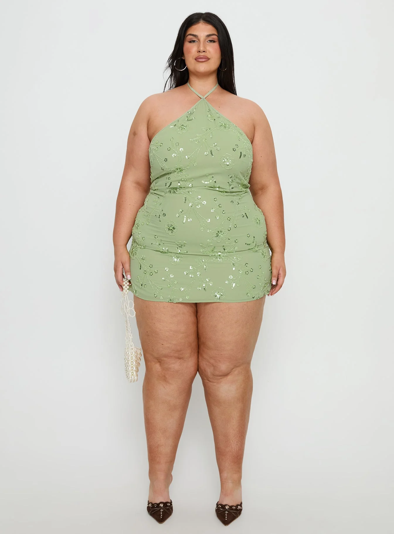Evolet Embellished Halter Mini Dress Green Curve - Image 7