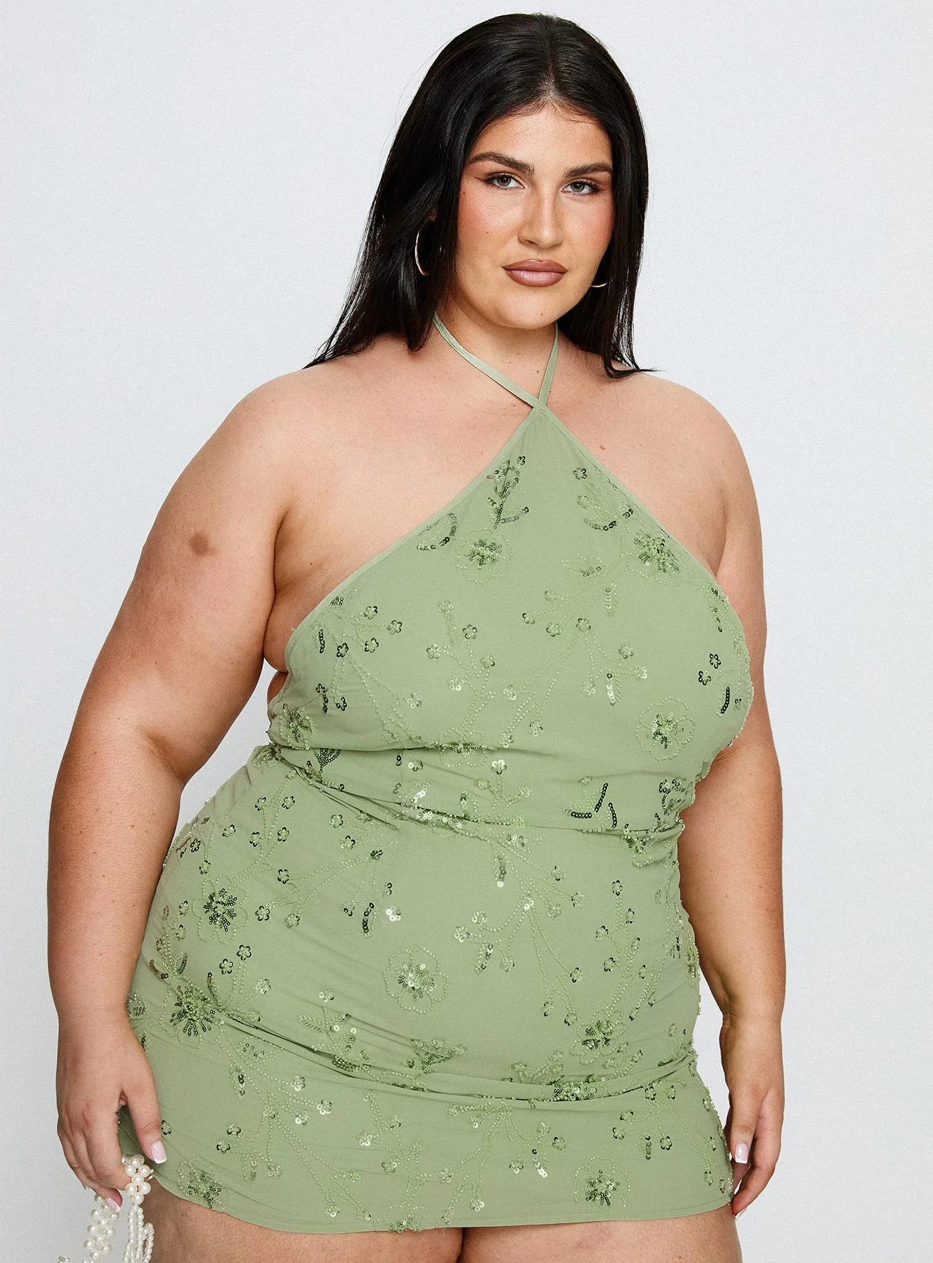 Evolet Embellished Halter Mini Dress Green Curve - Image 8