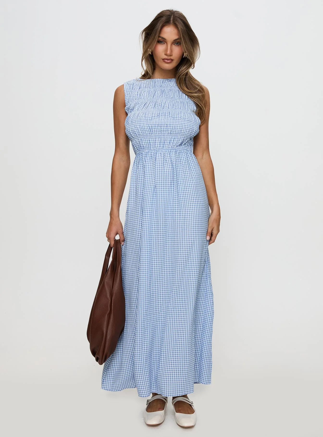 Fables Shirred Maxi Dress Blue Gingham - Image 3