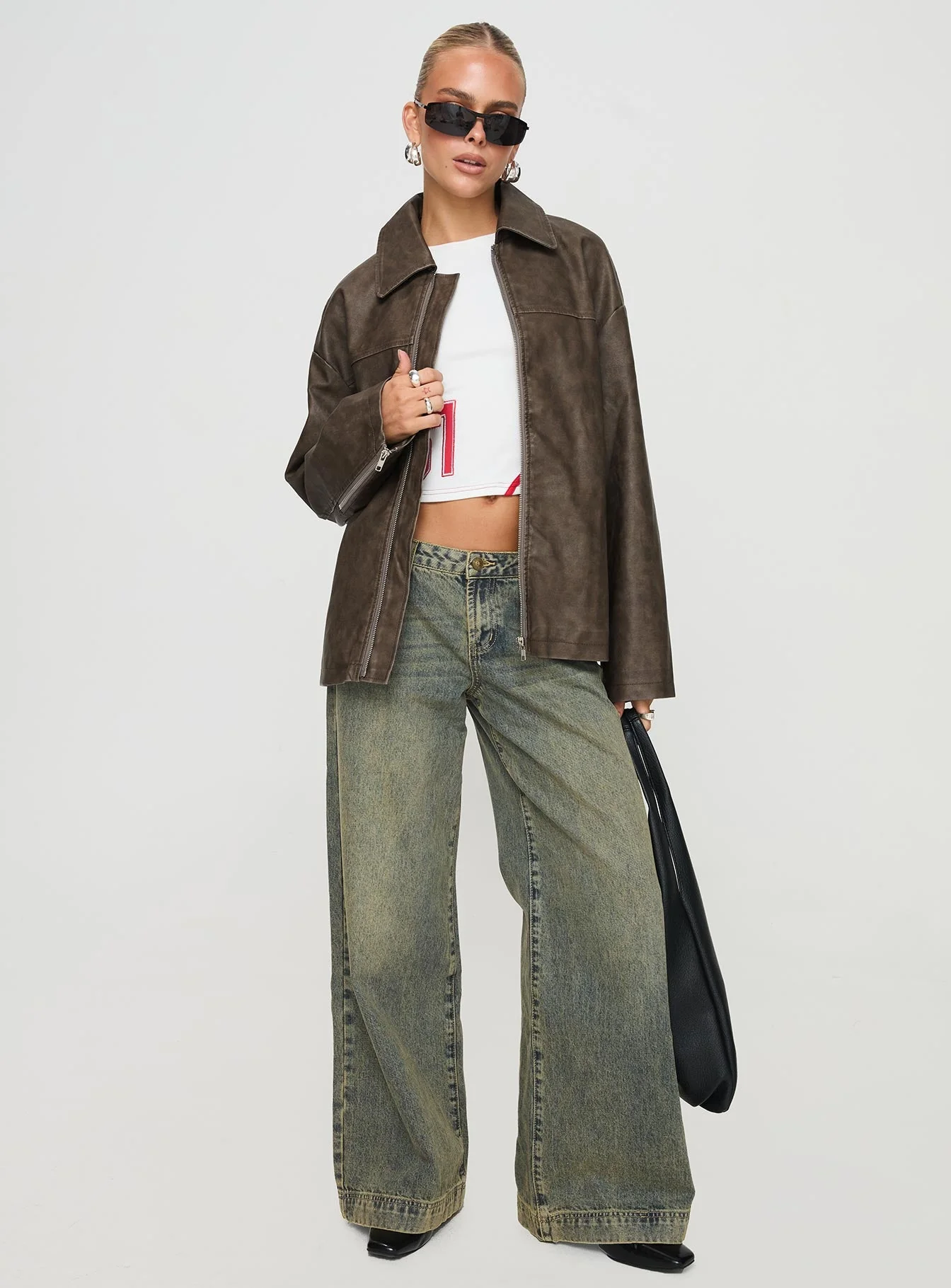 Faux Leather Collared Dad Jacket Washed Brown - Image 3