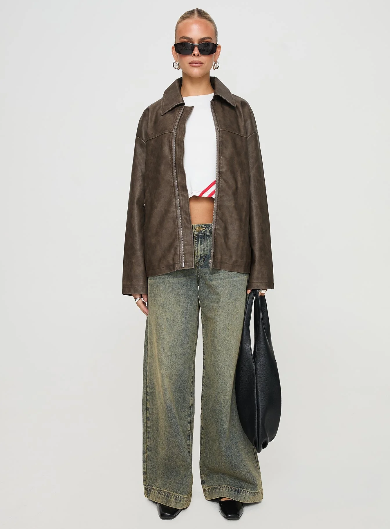 Faux Leather Collared Dad Jacket Washed Brown - Image 7