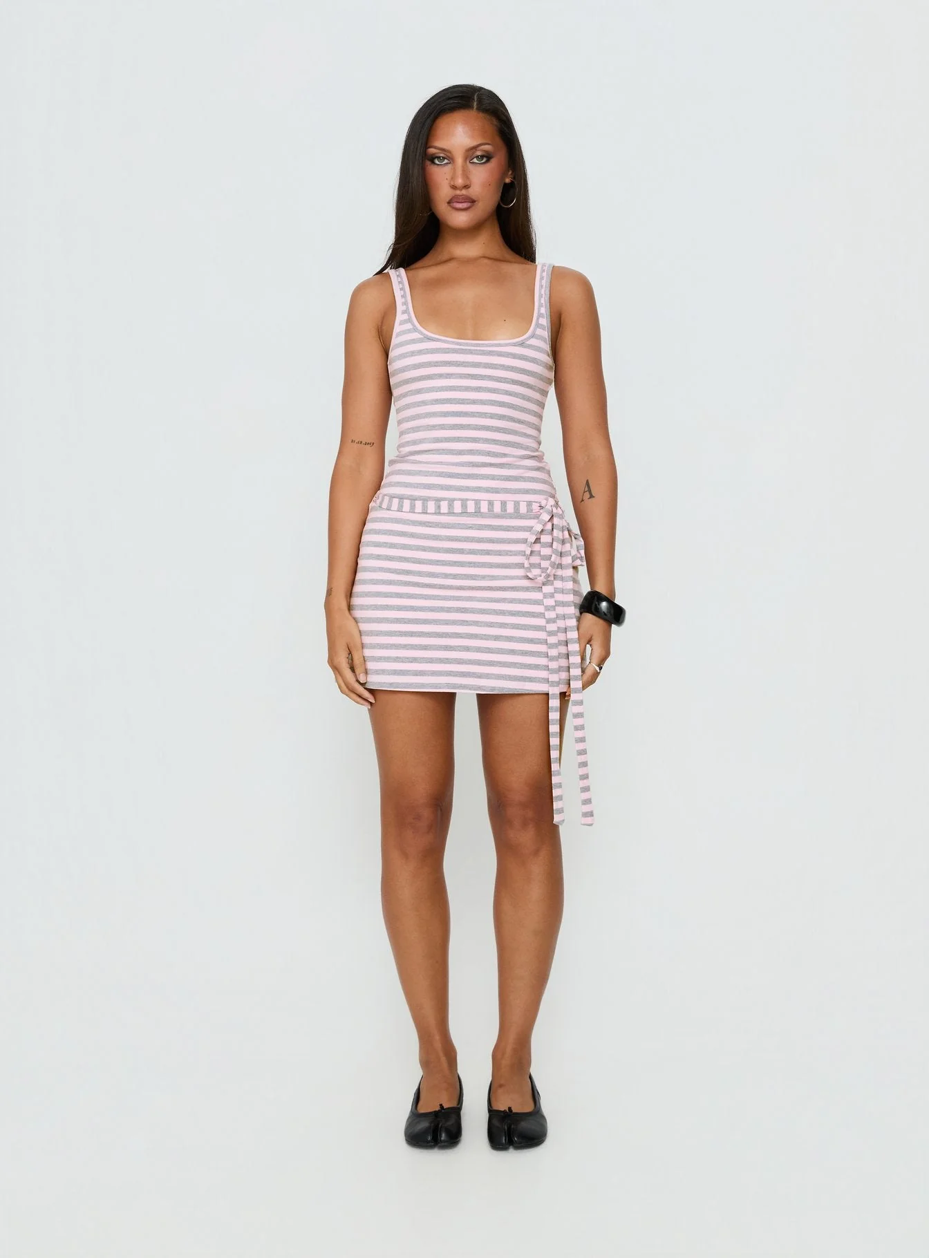 Favourite Daughter Tie Detail Mini Dress Pink / Grey Stripe - Image 7