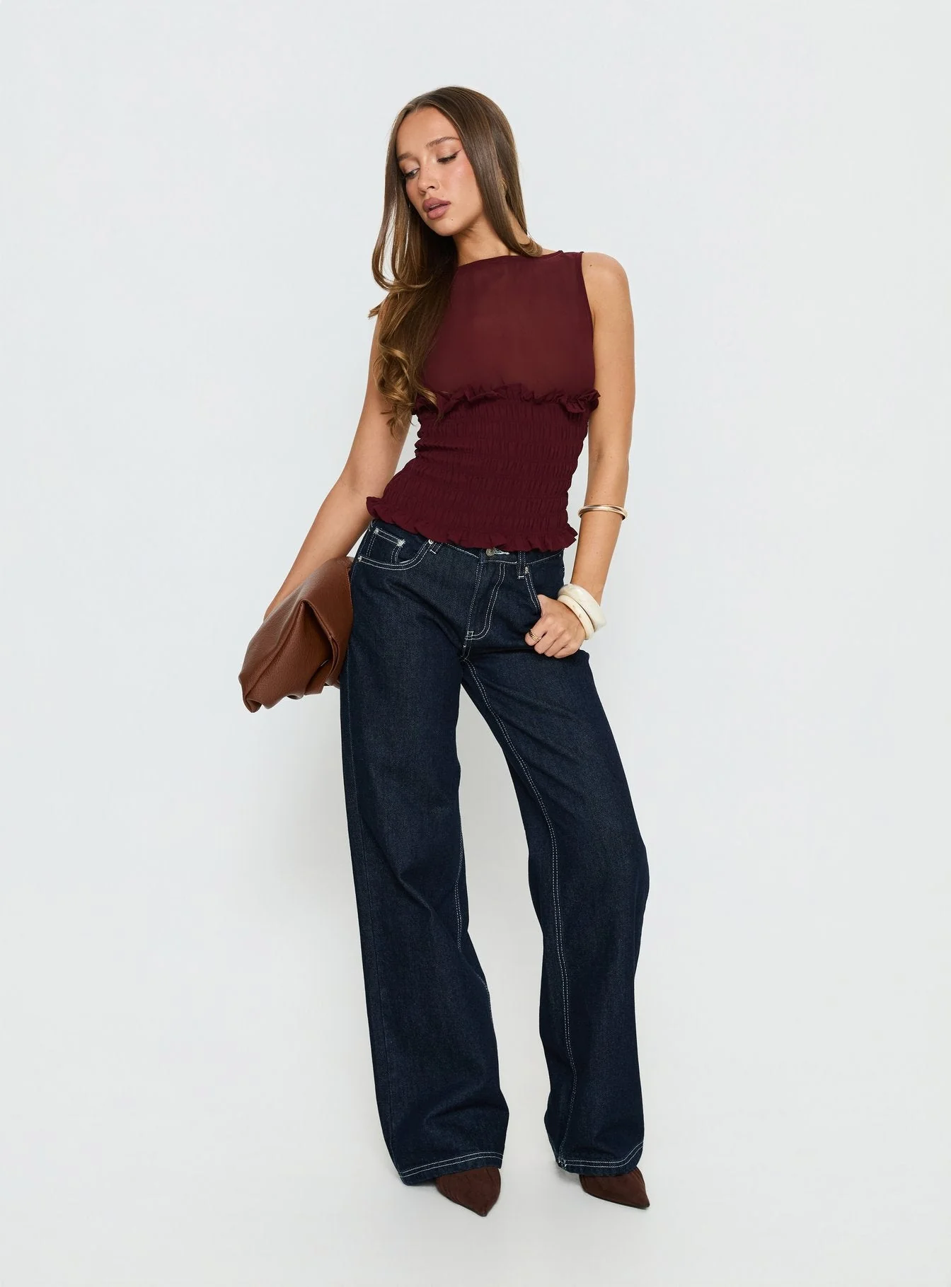 Fever Kiss Chiffon Ruched Top Wine - Image 2