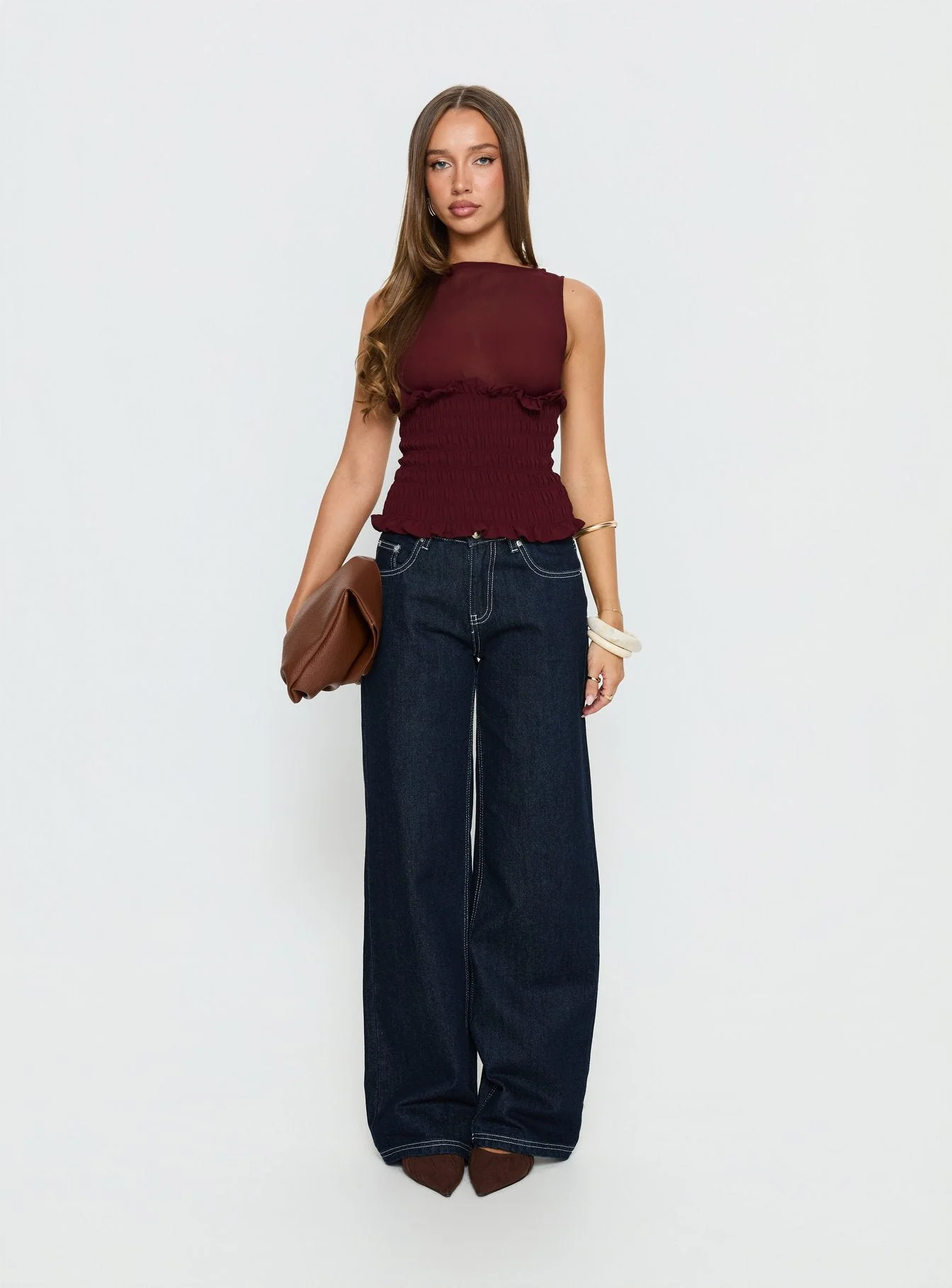 Fever Kiss Chiffon Ruched Top Wine - Image 8