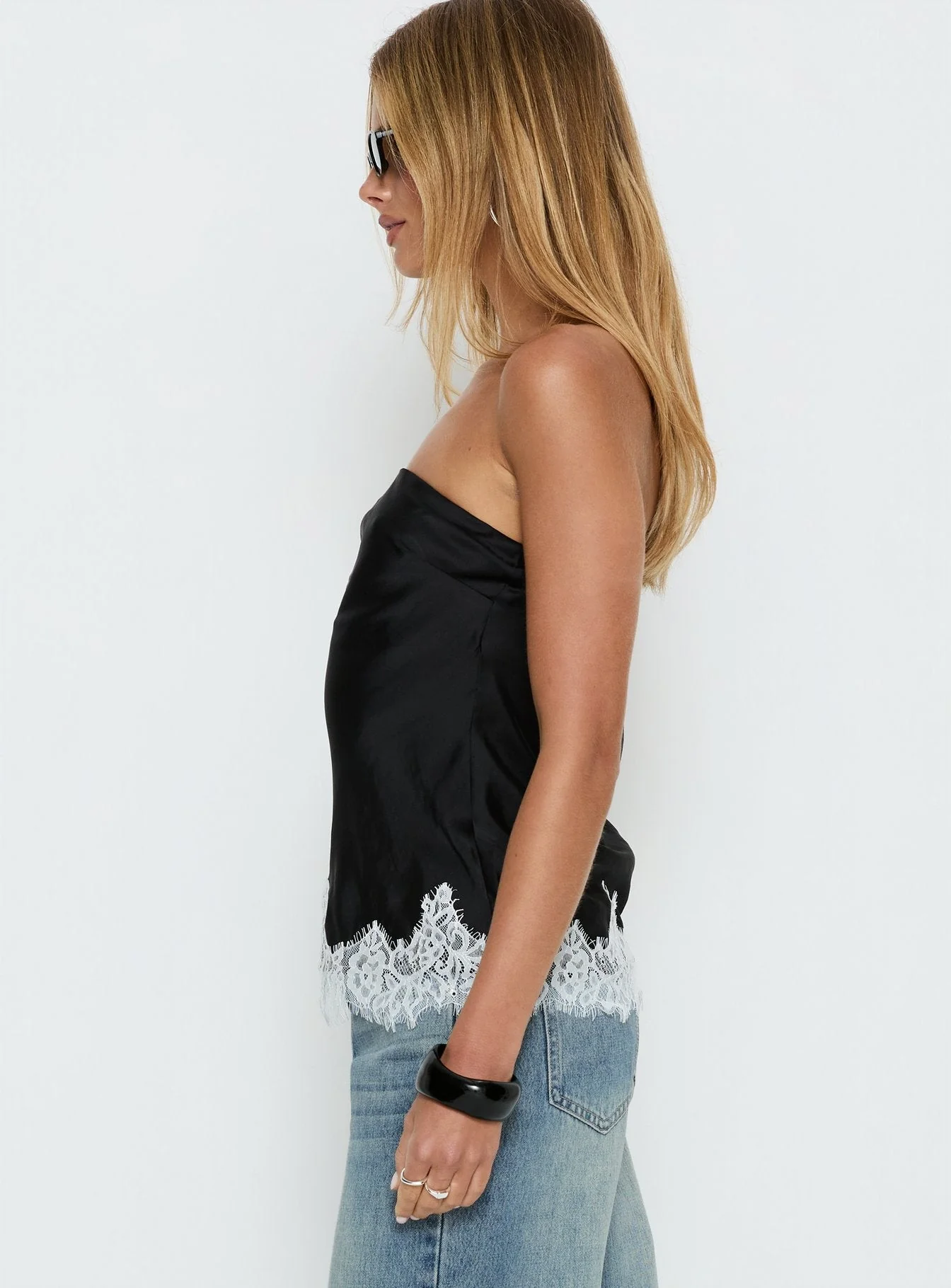 Fiorelle Strapless Lace Trim Satin Top Black / White - Image 4