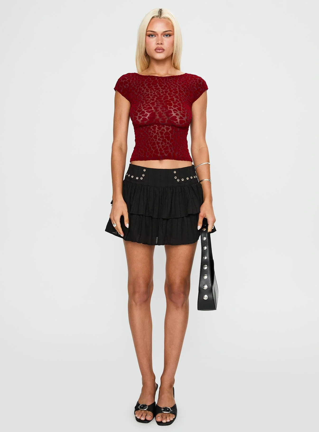 Fire Sign Studded Tiered Mini Skirt Black - Image 7