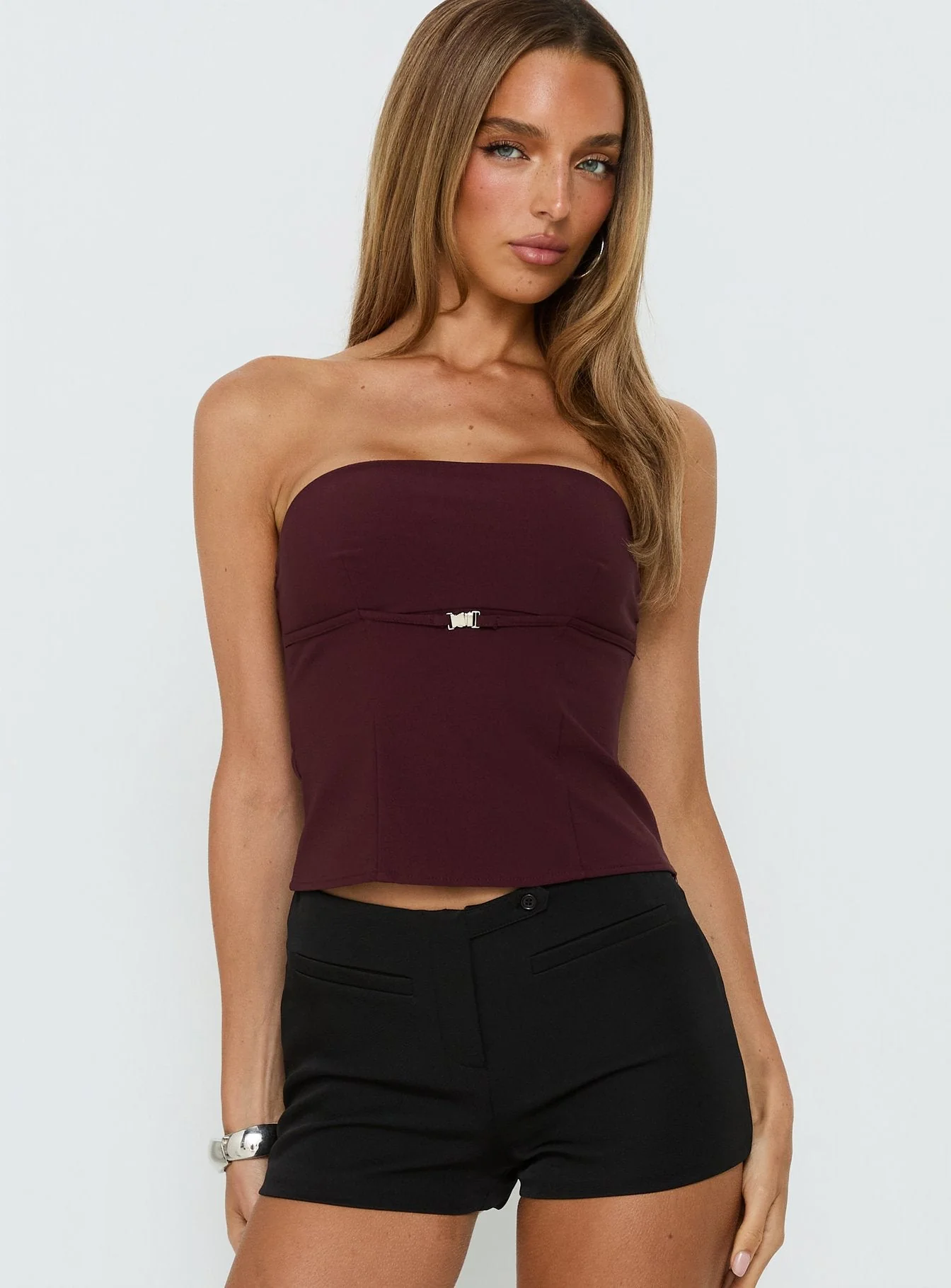 Flounce Strapless Top Plum - Image 2