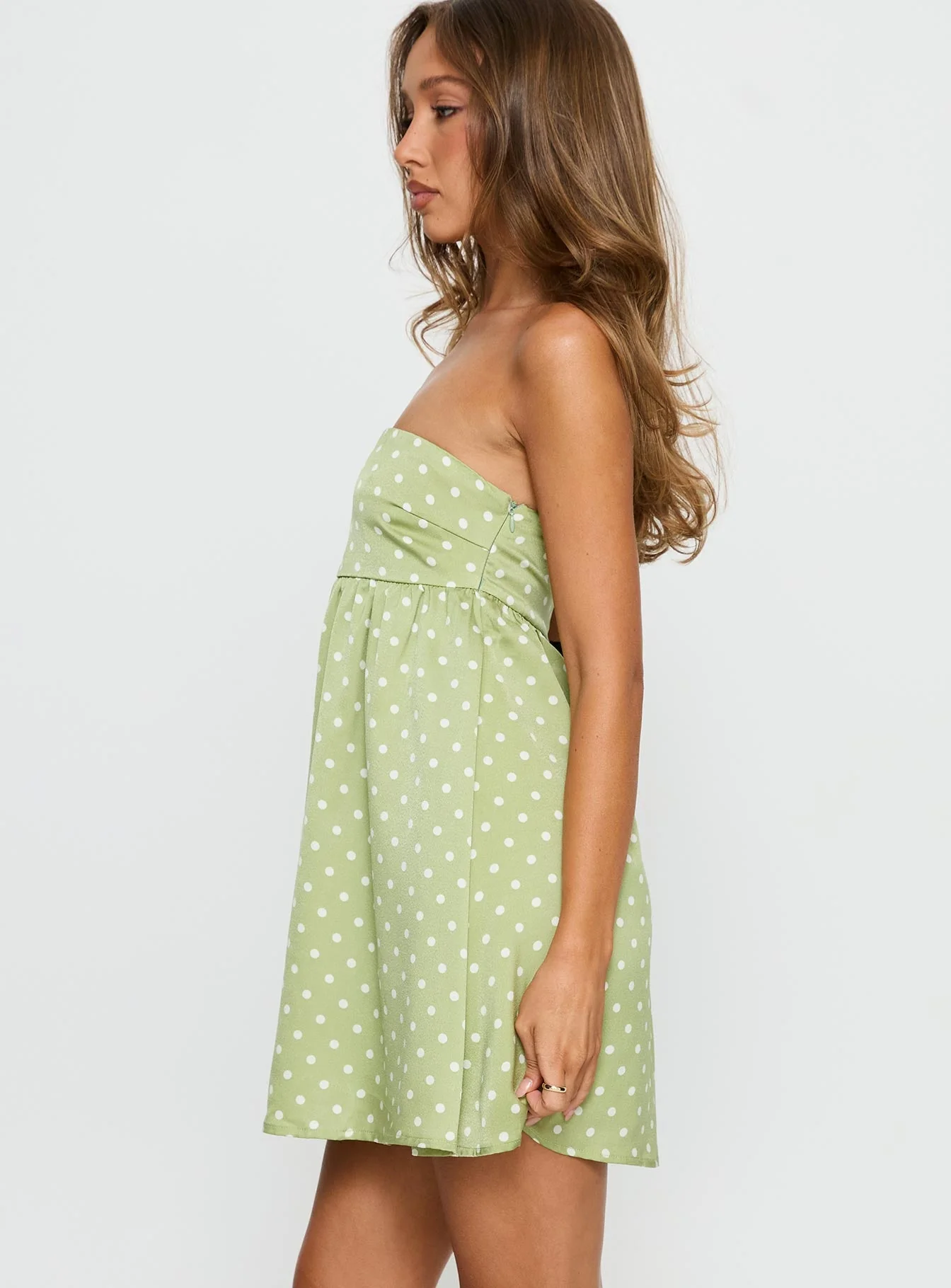 Follow the Dream Strapless Mini Dress Green Polka Dot - Image 3