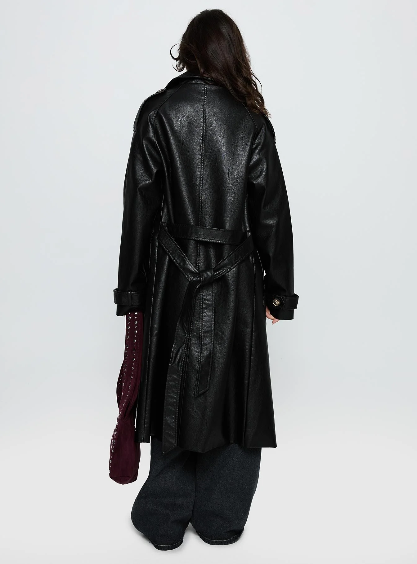 For The Fame Faux Leather Trench Coat Black - Image 4