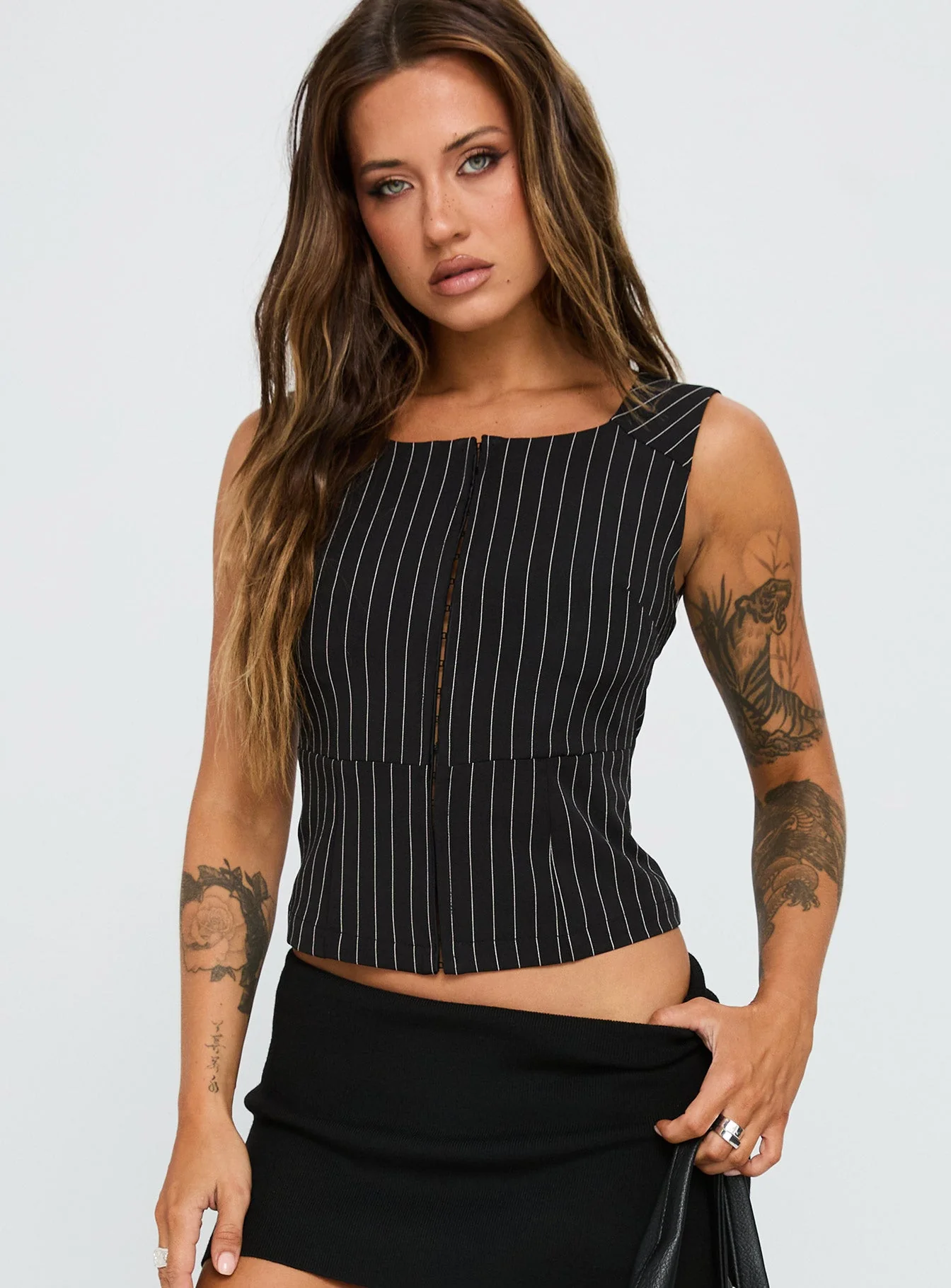 For The Weekend Top Black Pinstripe