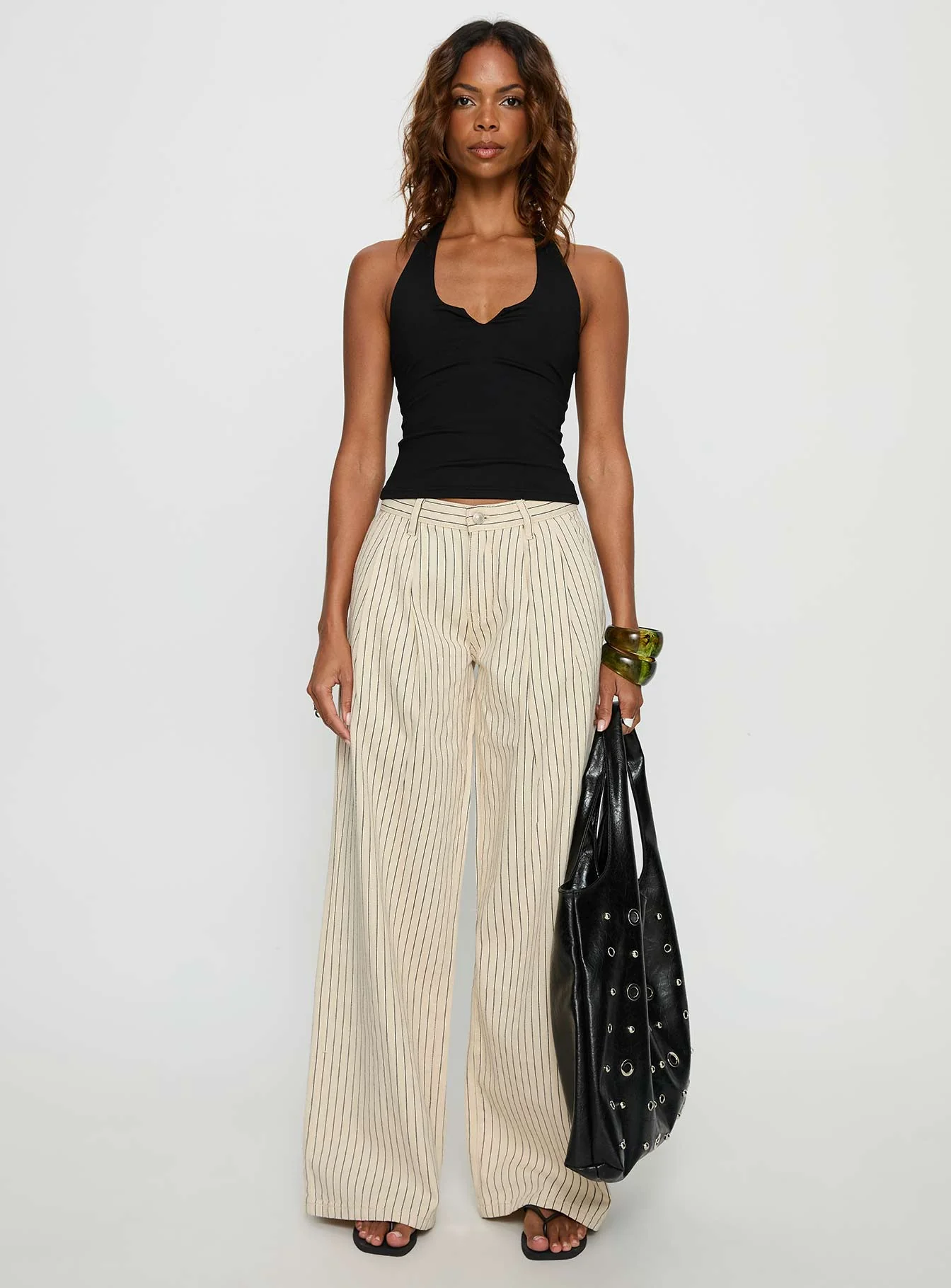 Frankee Wide Leg Mid Rise Denim Jeans Cream Stripe - Image 6