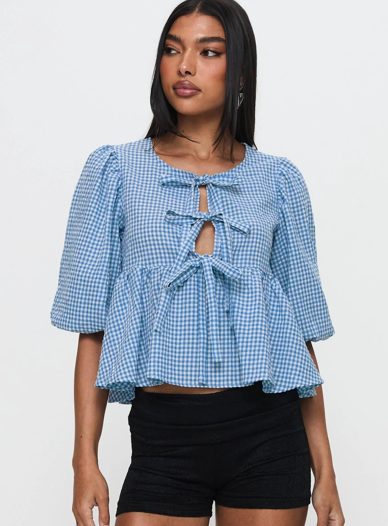Full House Tie Up Blouse Top Blue Plaid - Image 2