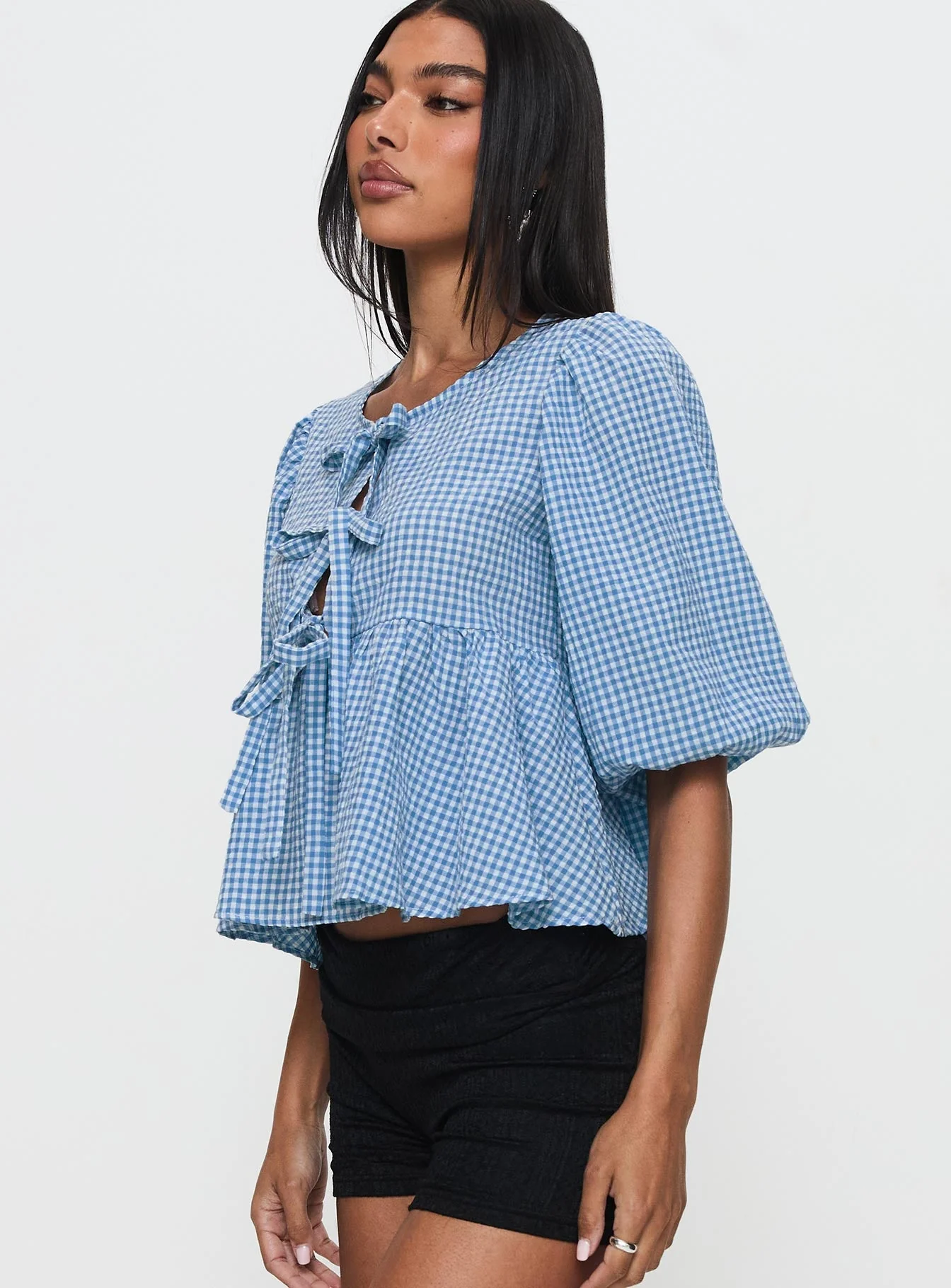 Full House Tie Up Blouse Top Blue Plaid - Image 4
