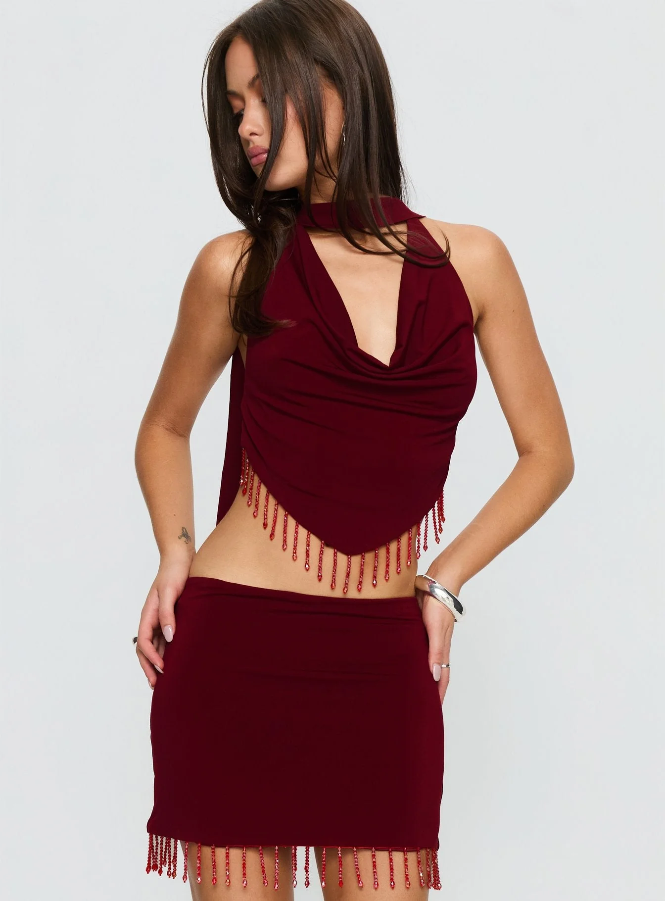 Ginah Bead Tassel Cowl Neck Top Red - Image 2