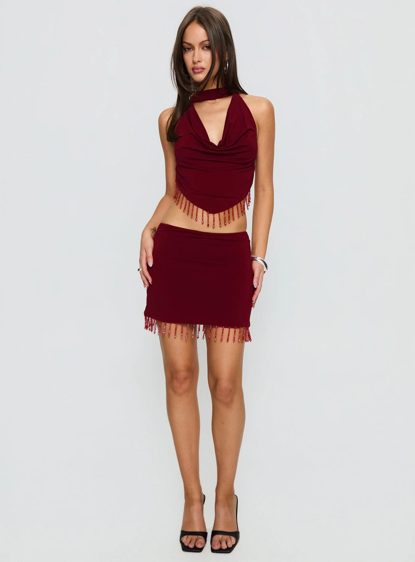 Ginah Bead Tassel Cowl Neck Top Red - Image 3