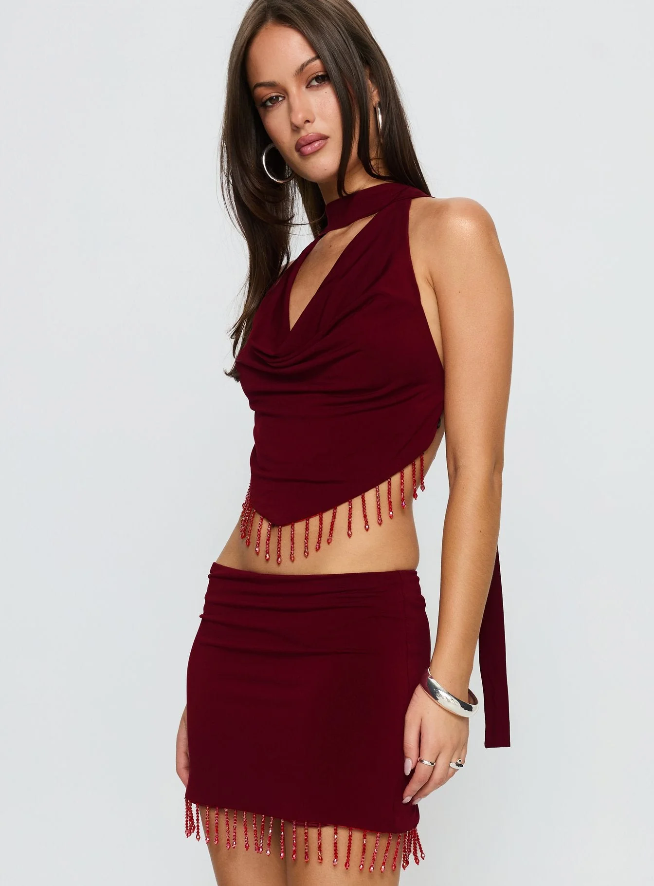 Ginah Bead Tassel Cowl Neck Top Red - Image 4