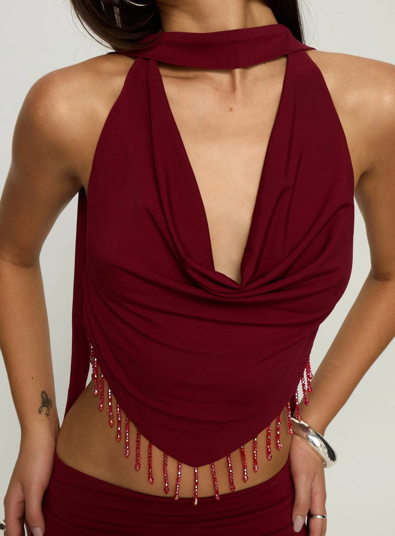Ginah Bead Tassel Cowl Neck Top Red - Image 6
