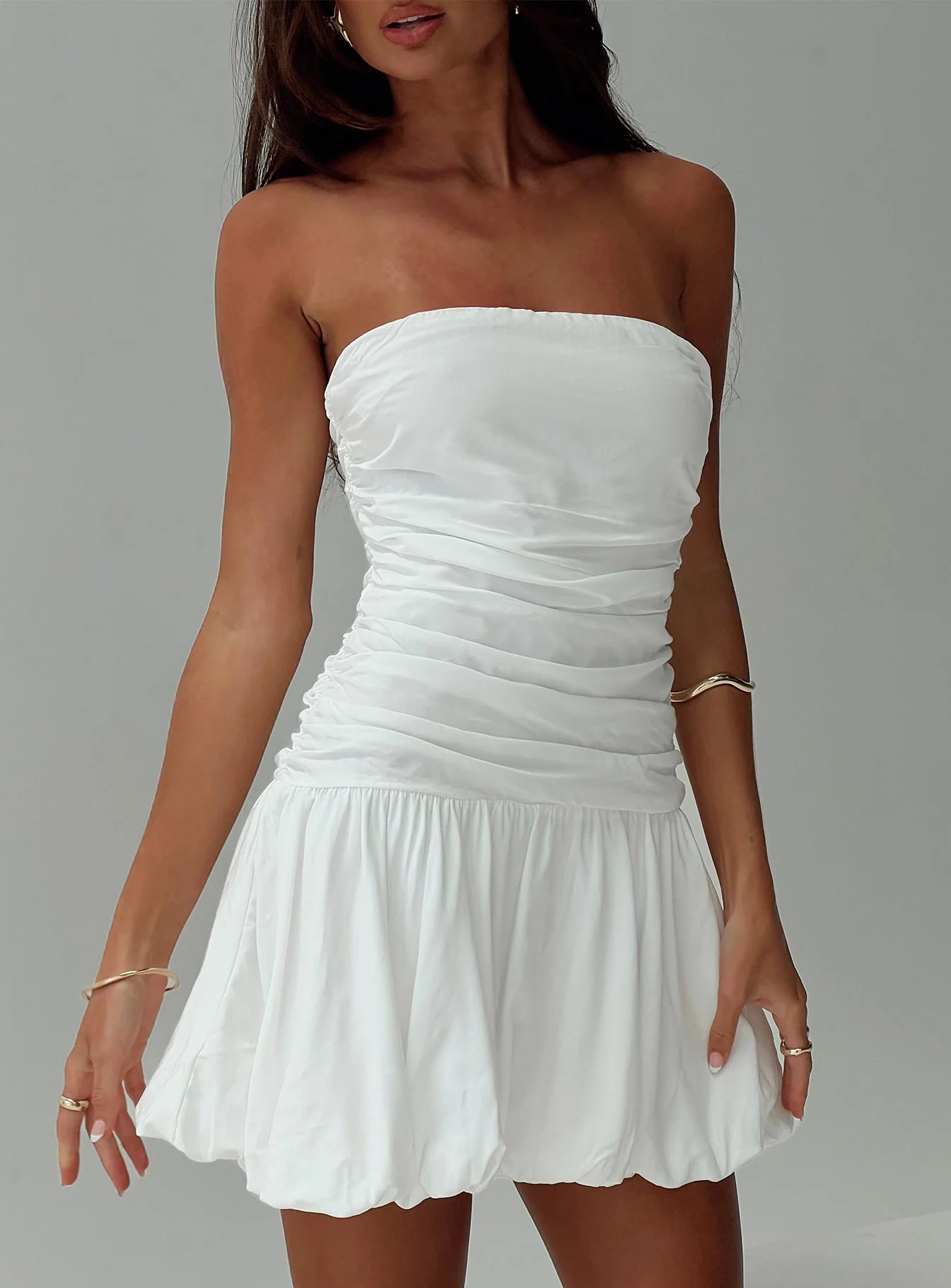 Glamour Girl Strapless Bubble Hem Mini Dress White Petite - Image 7