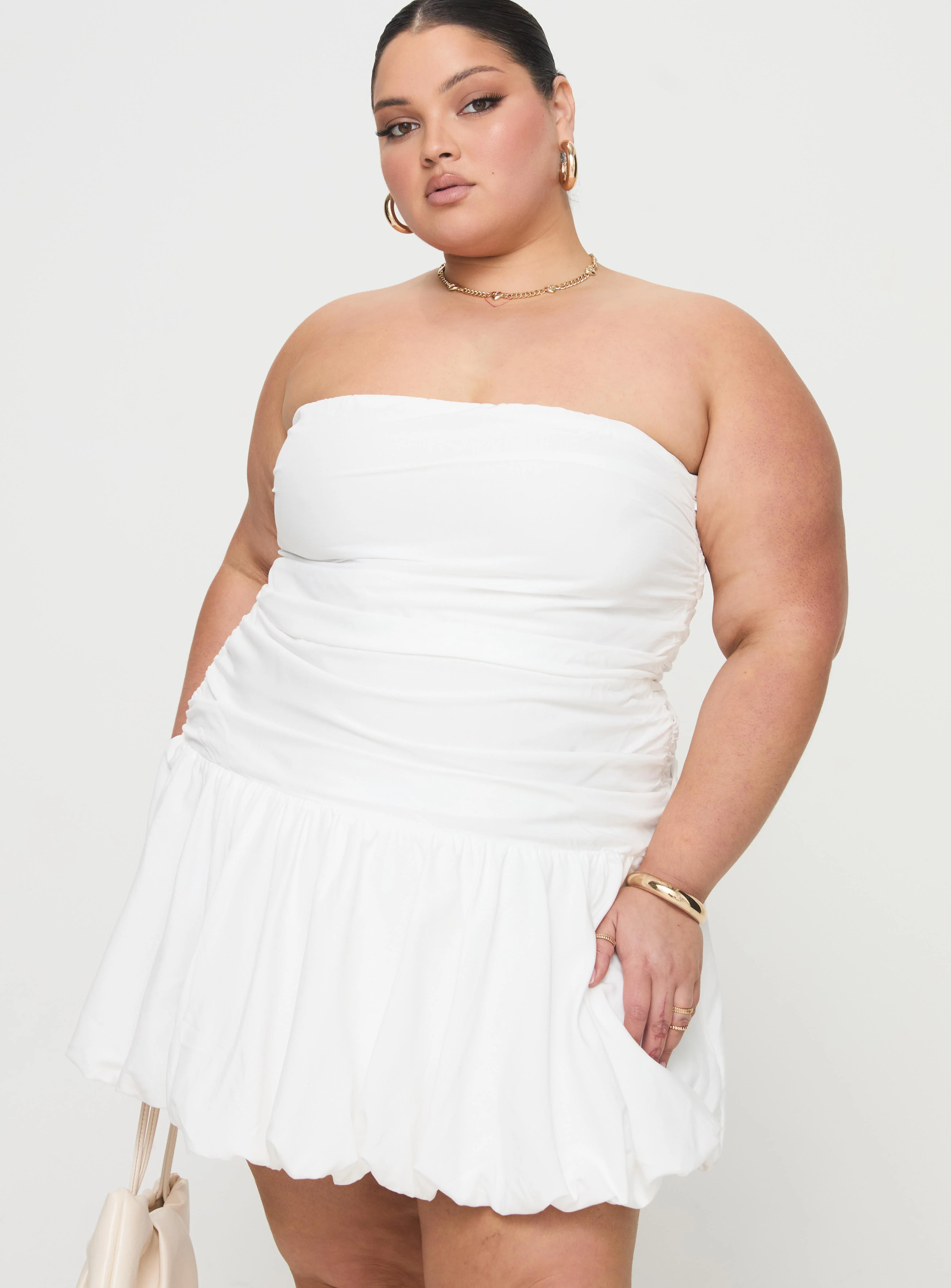Glamour Girl Strapless Bubble Hem Mini Dress White Curve - Image 2