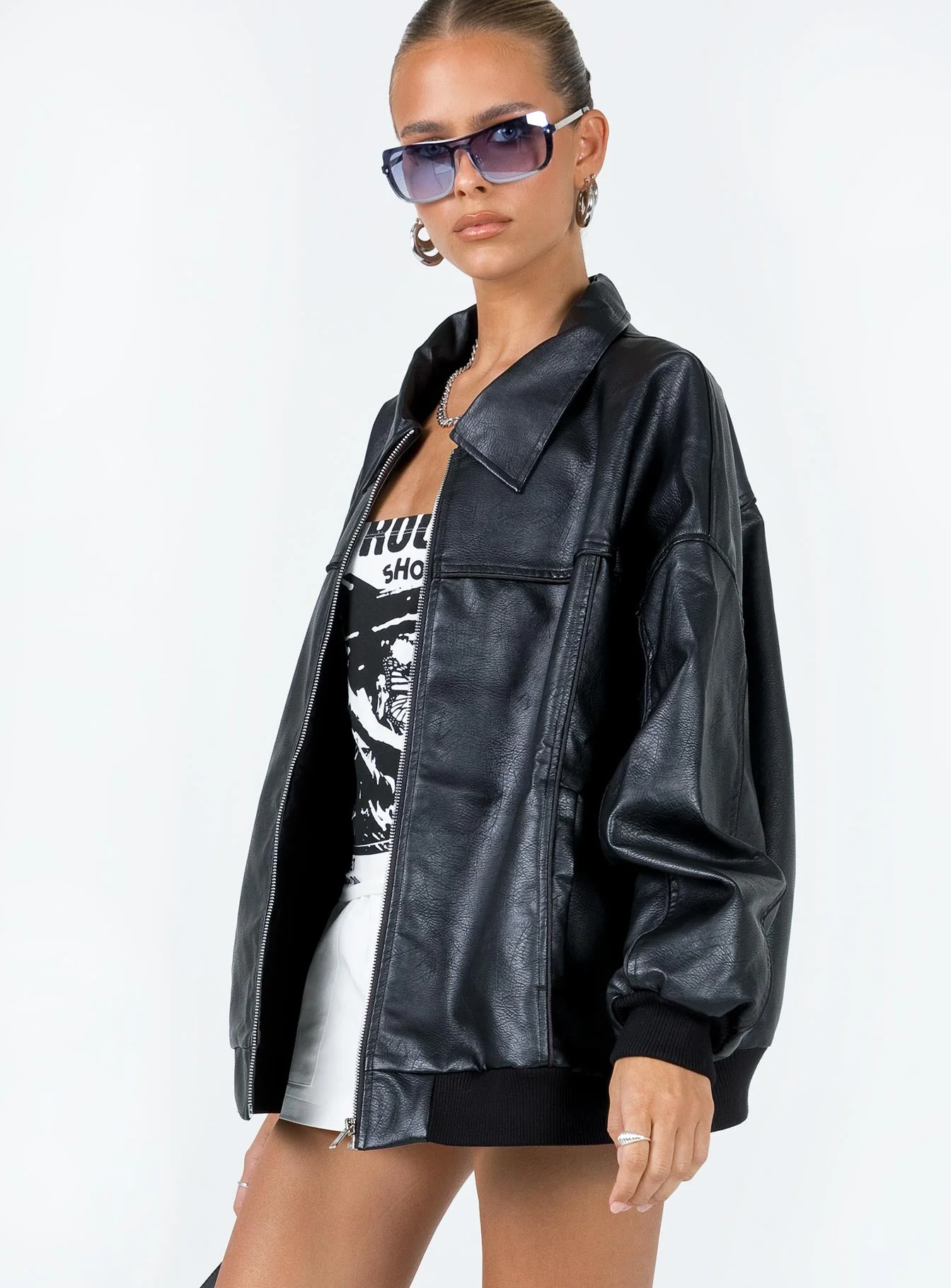 Goldsmith Faux Leather Bomber Jacket Black Petite - Image 4