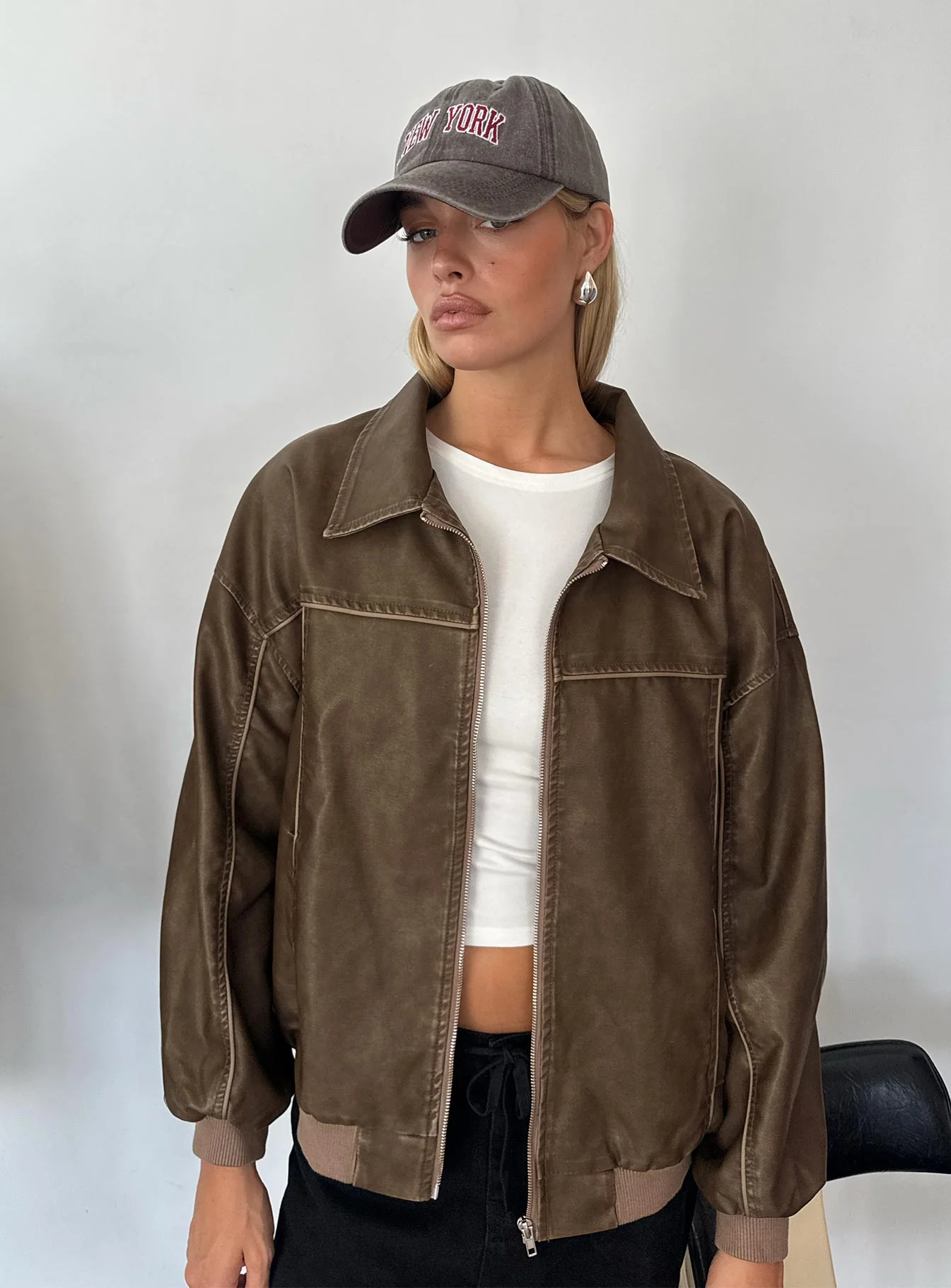 Goldsmith Faux Leather Bomber Jacket Washed Dark Brown - Image 10
