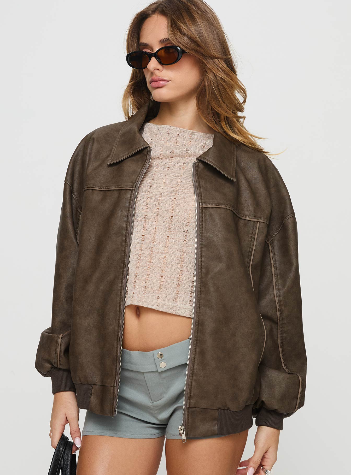 Goldsmith Faux Leather Bomber Jacket Washed Dark Brown - Image 2