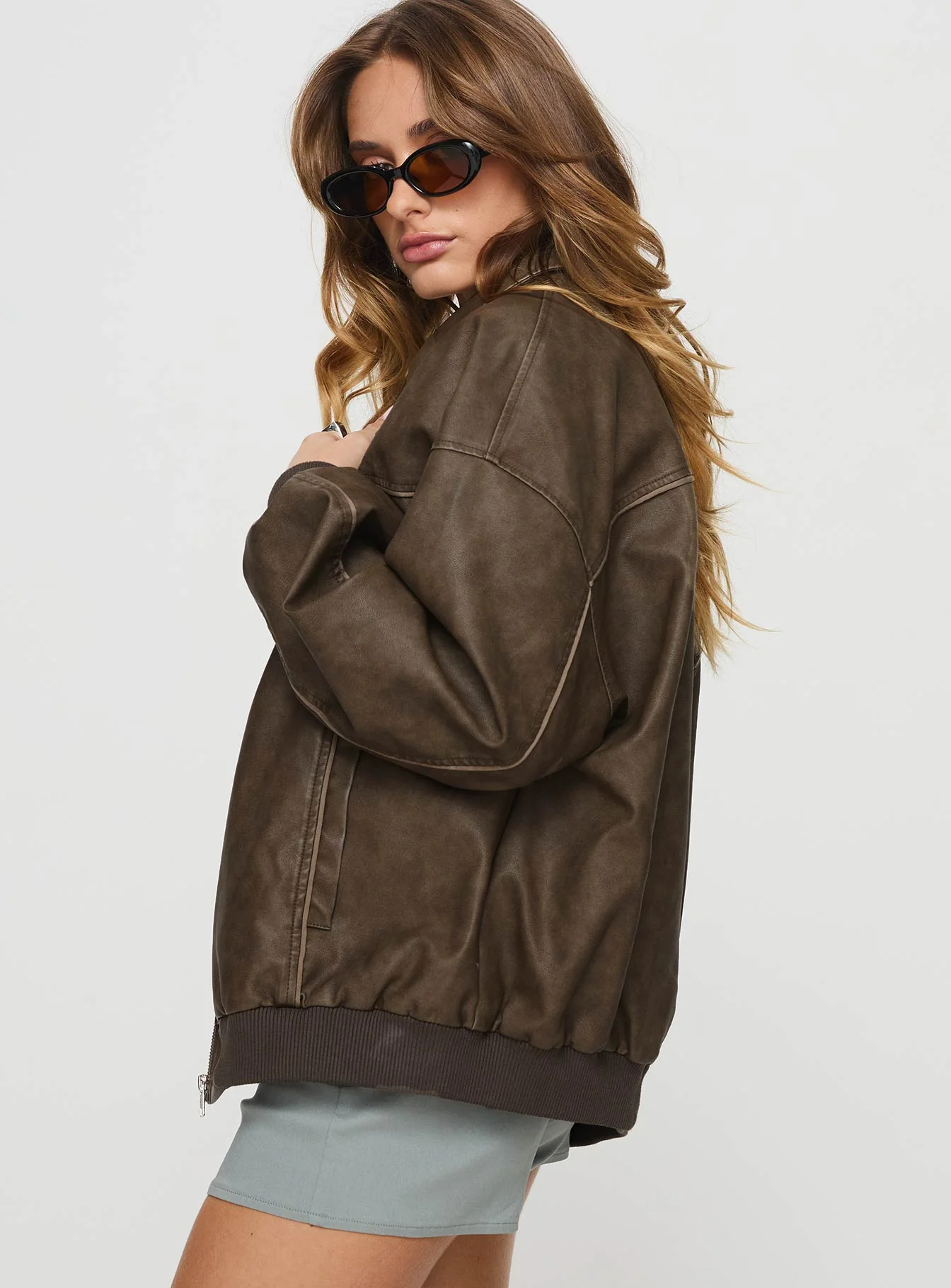 Goldsmith Faux Leather Bomber Jacket Washed Dark Brown - Image 4