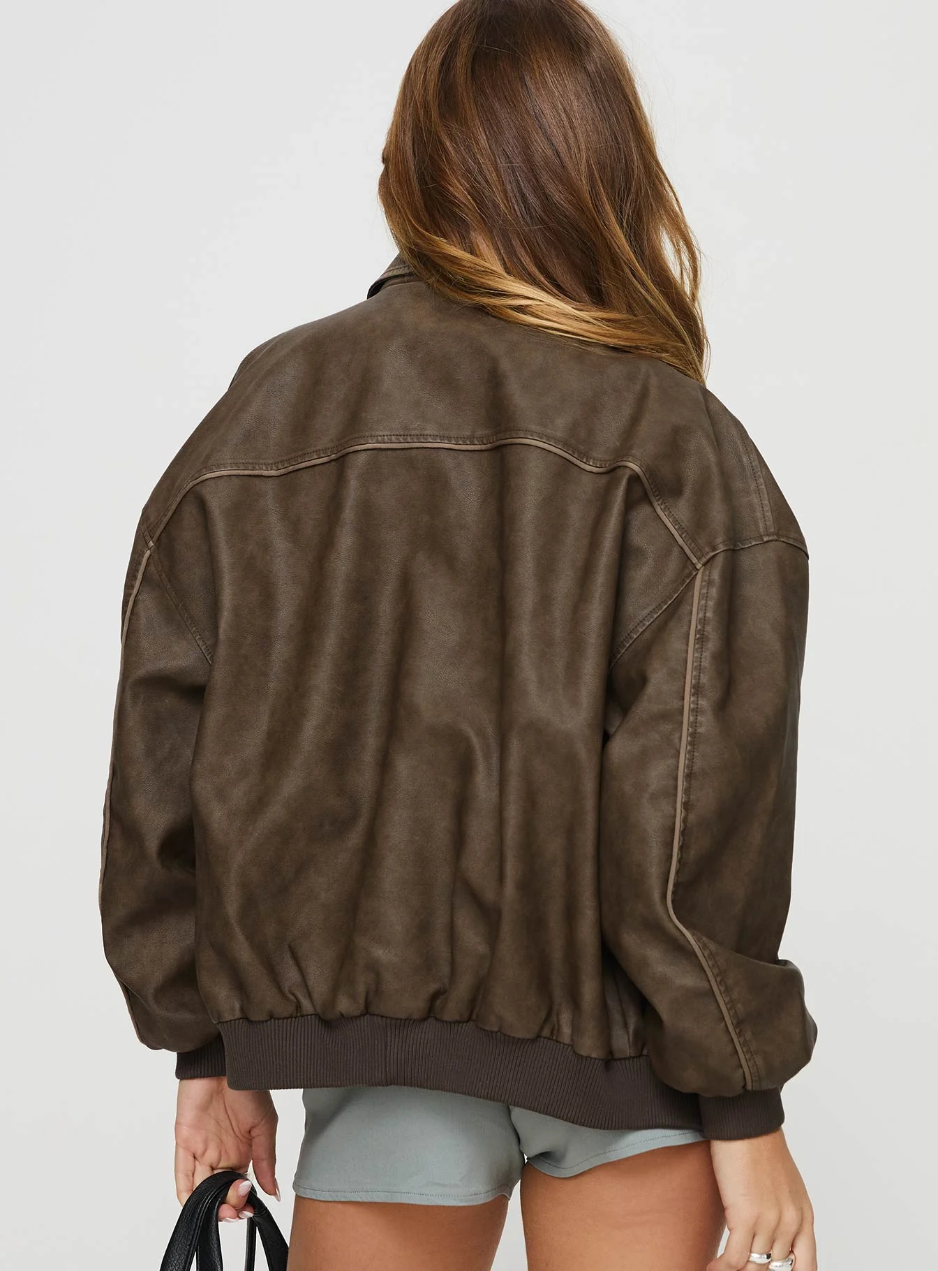 Goldsmith Faux Leather Bomber Jacket Washed Dark Brown - Image 5