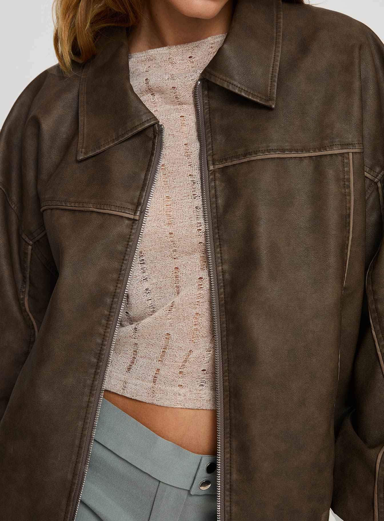 Goldsmith Faux Leather Bomber Jacket Washed Dark Brown - Image 6