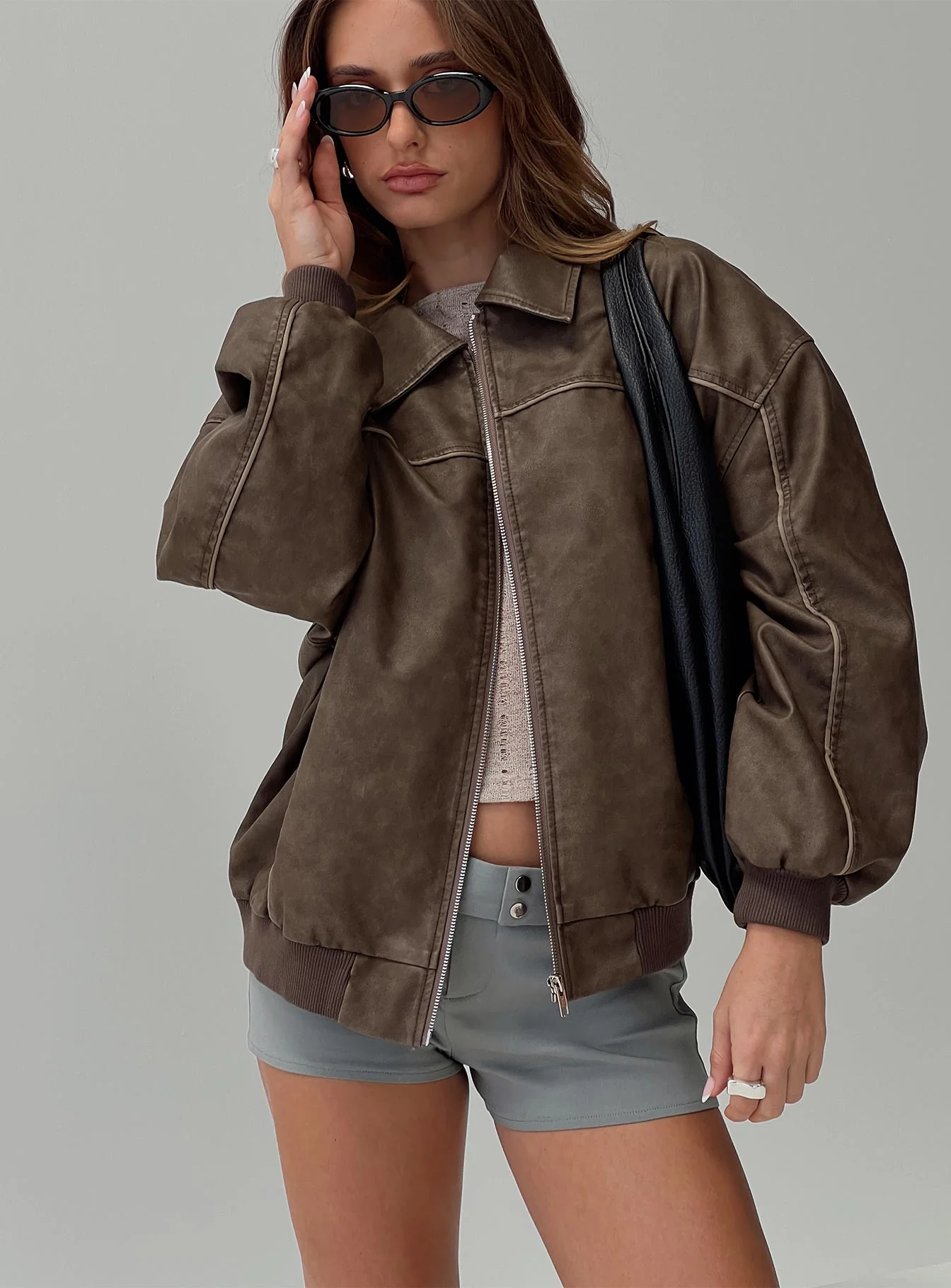 Goldsmith Faux Leather Bomber Jacket Washed Dark Brown - Image 8