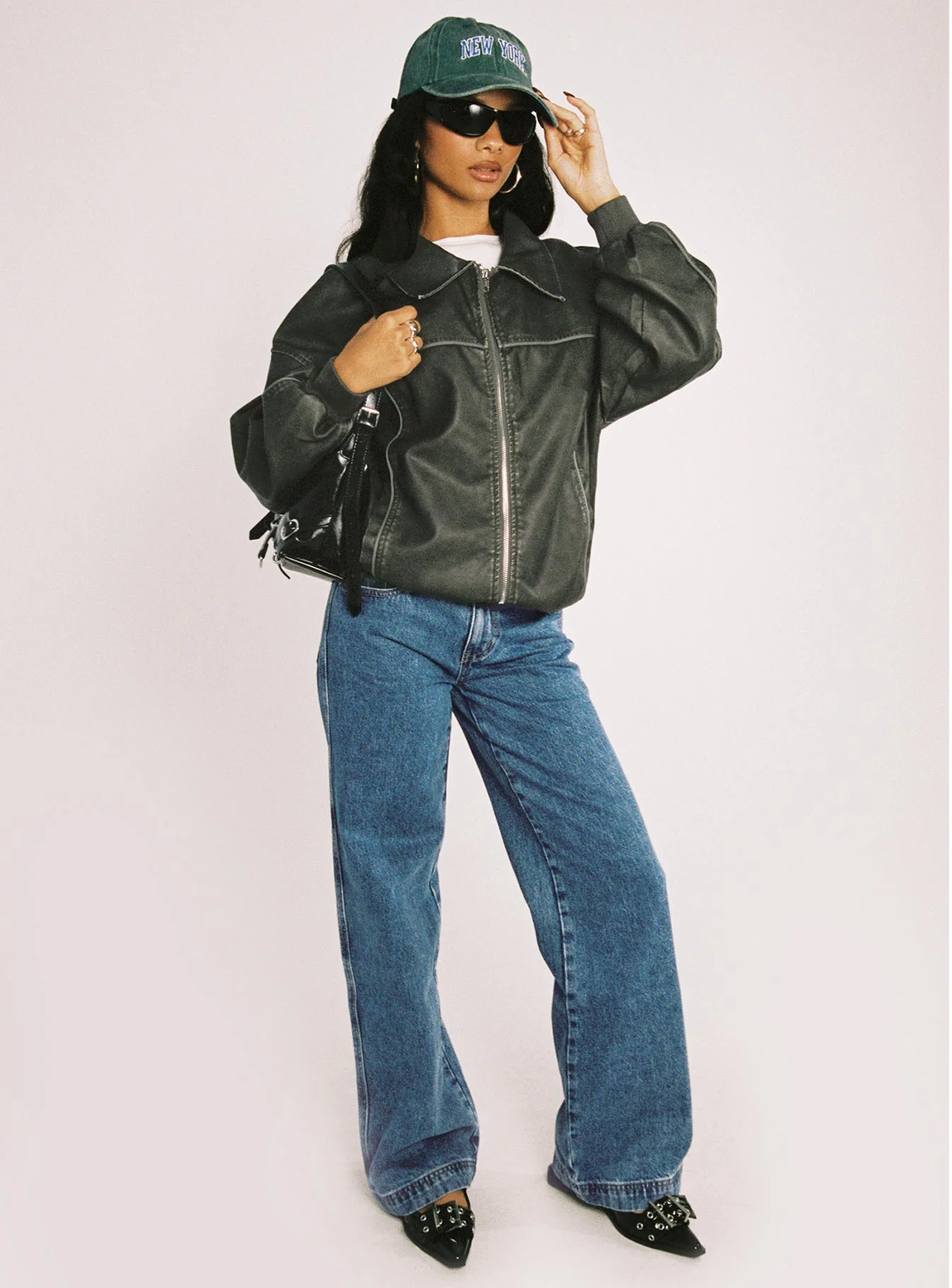 Goldsmith Faux Leather Bomber Jacket Washed Forest - Image 11