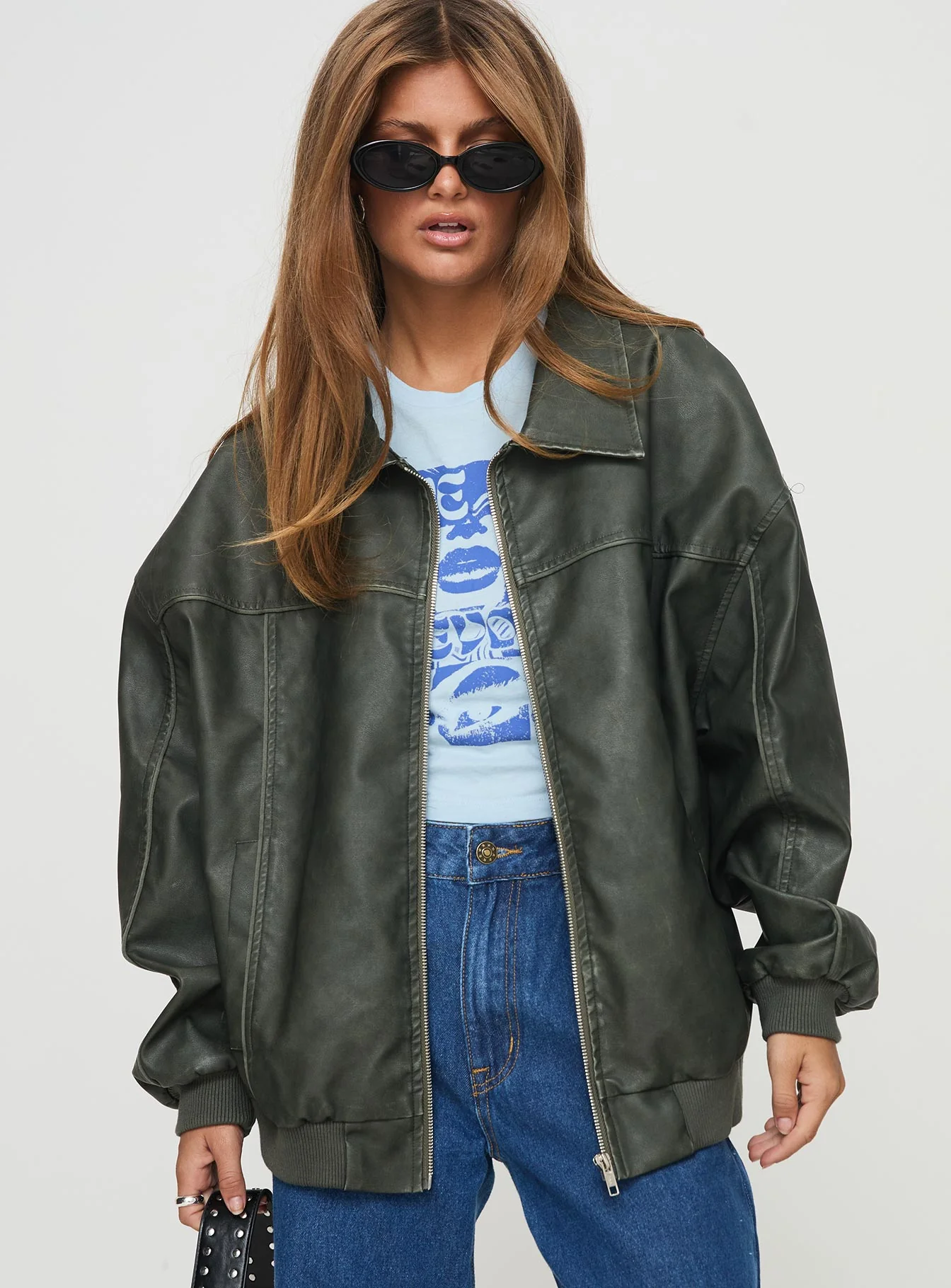 Goldsmith Faux Leather Bomber Jacket Washed Forest - Image 3