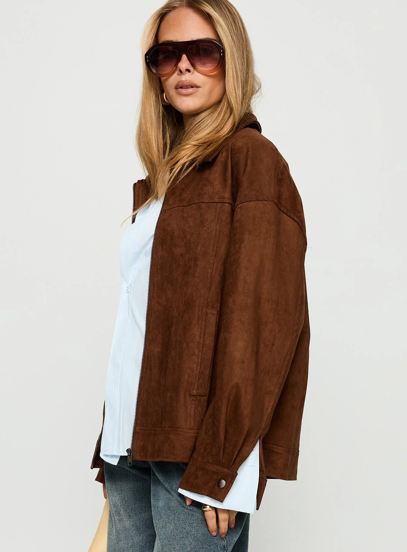 Goldsmith Faux Suede Bomber Jacket Brown - Image 4