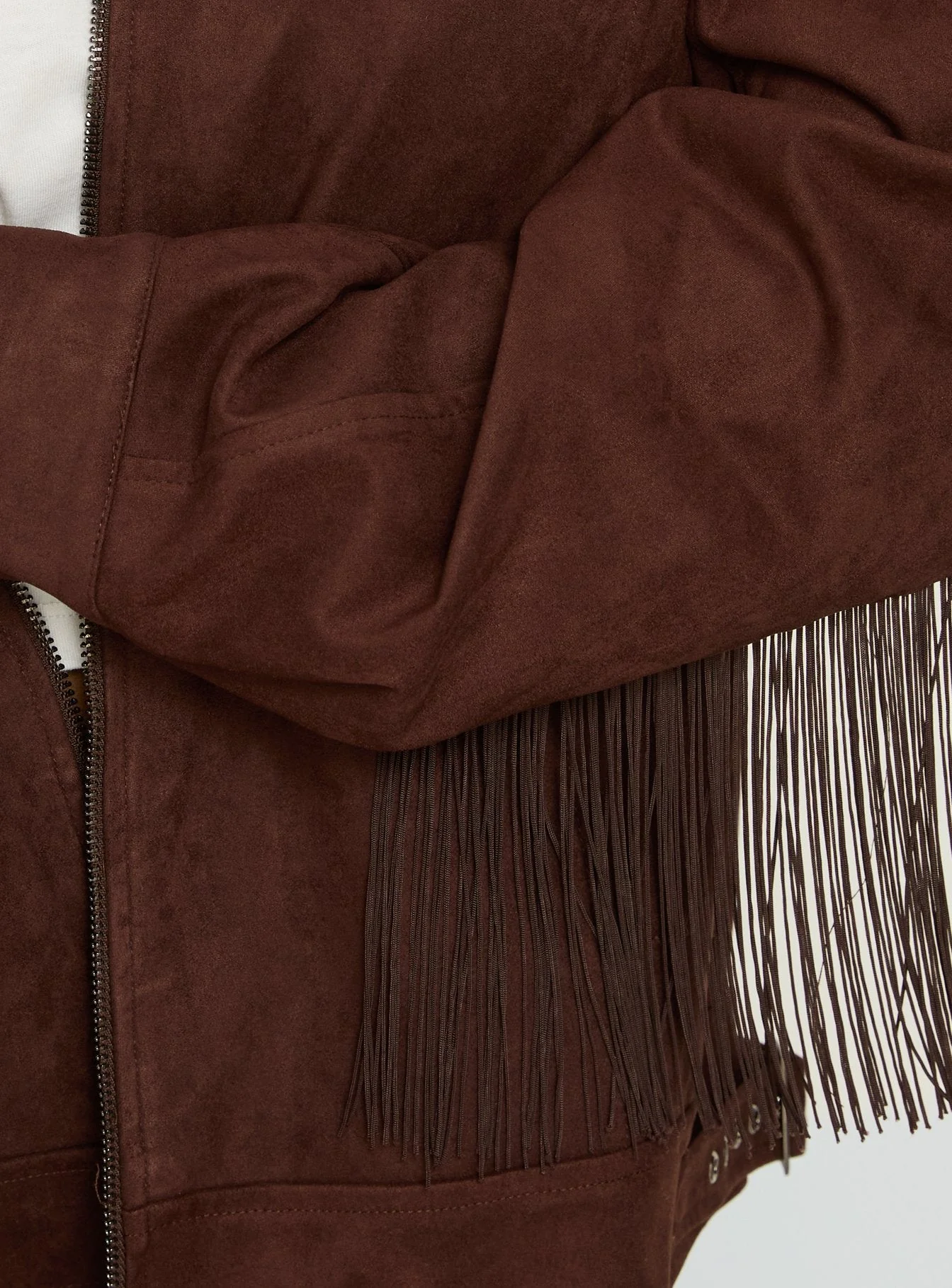 Goldsmith Faux Suede Tassel Bomber Jacket Chocolate - Image 6