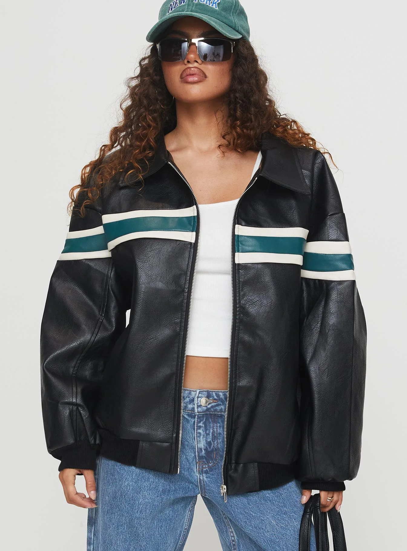 Goldsmith Faux Leather Bomber Jacket Black / Green - Image 2